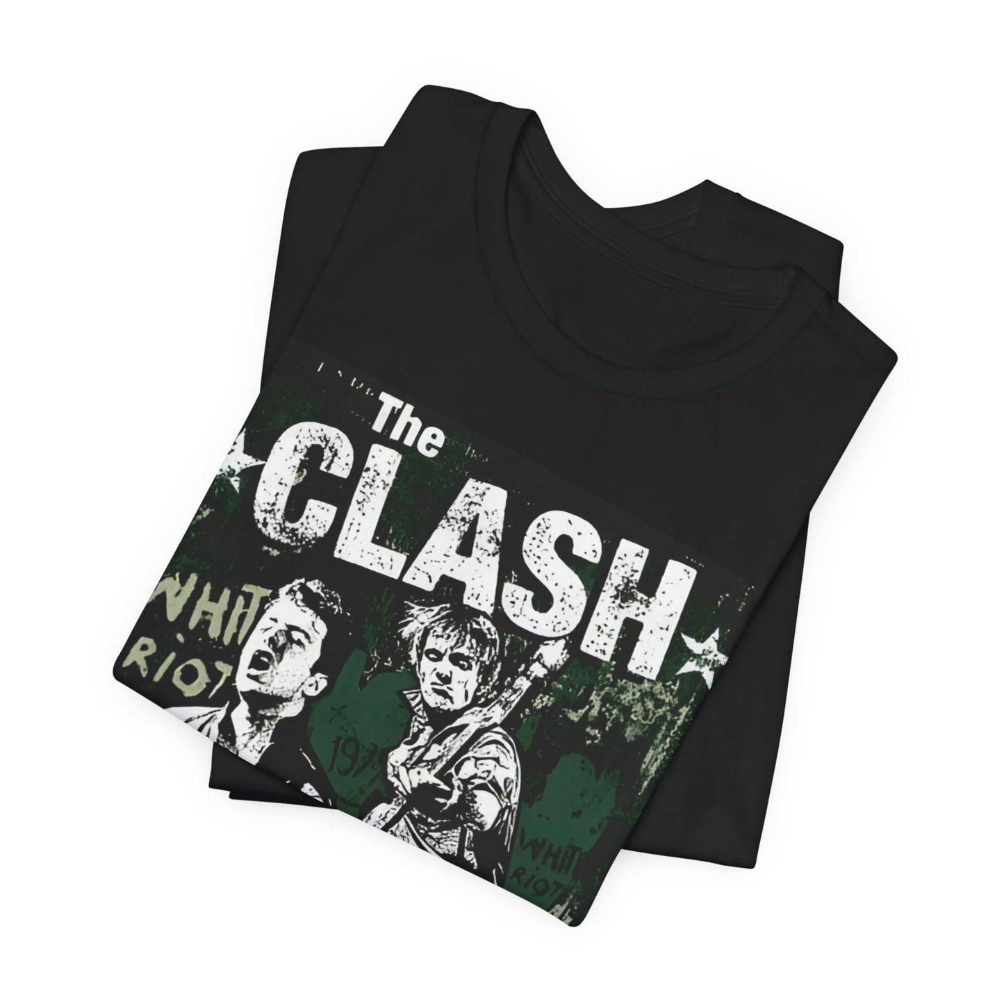 A black graphic t-shirt featuring a graphic related to The Clash's 'White Riot' song.