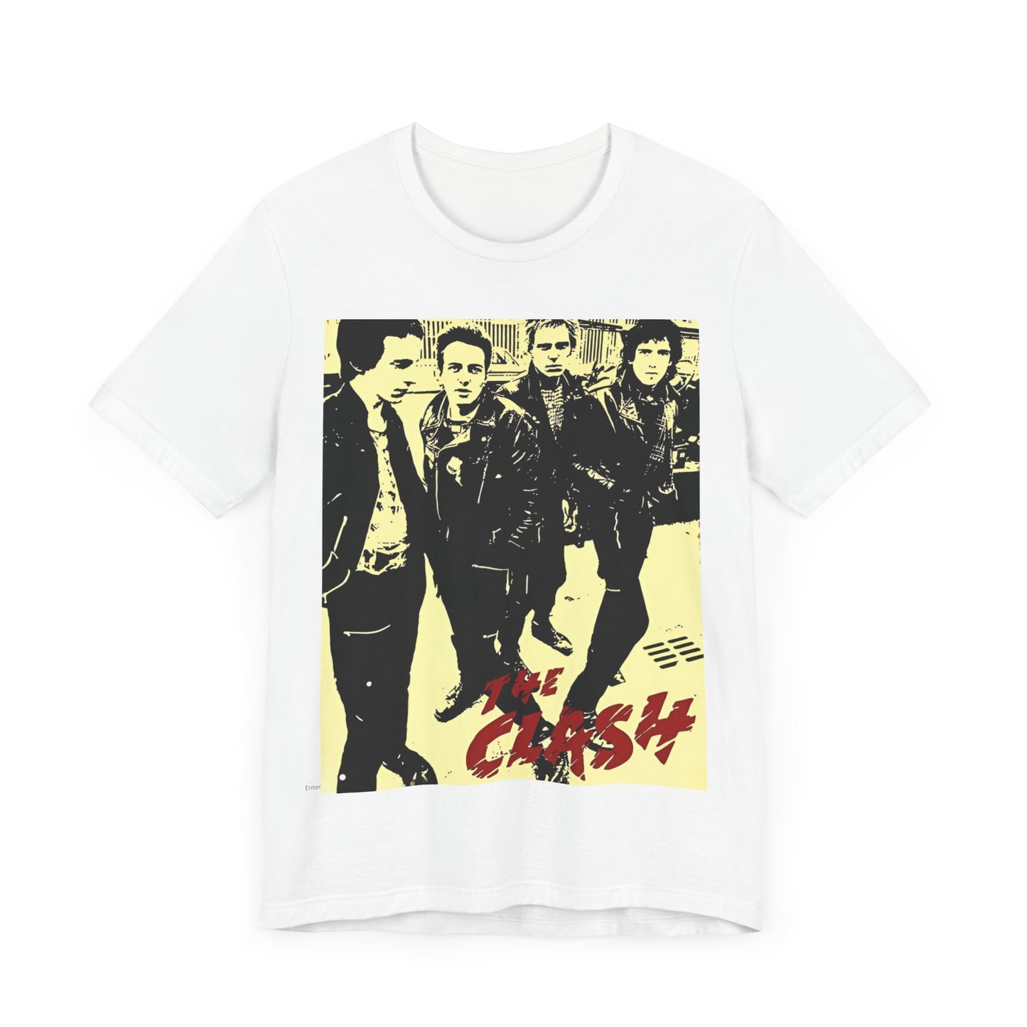 A black graphic t-shirt featuring an anti-establishment rock band graphic of The Clash.