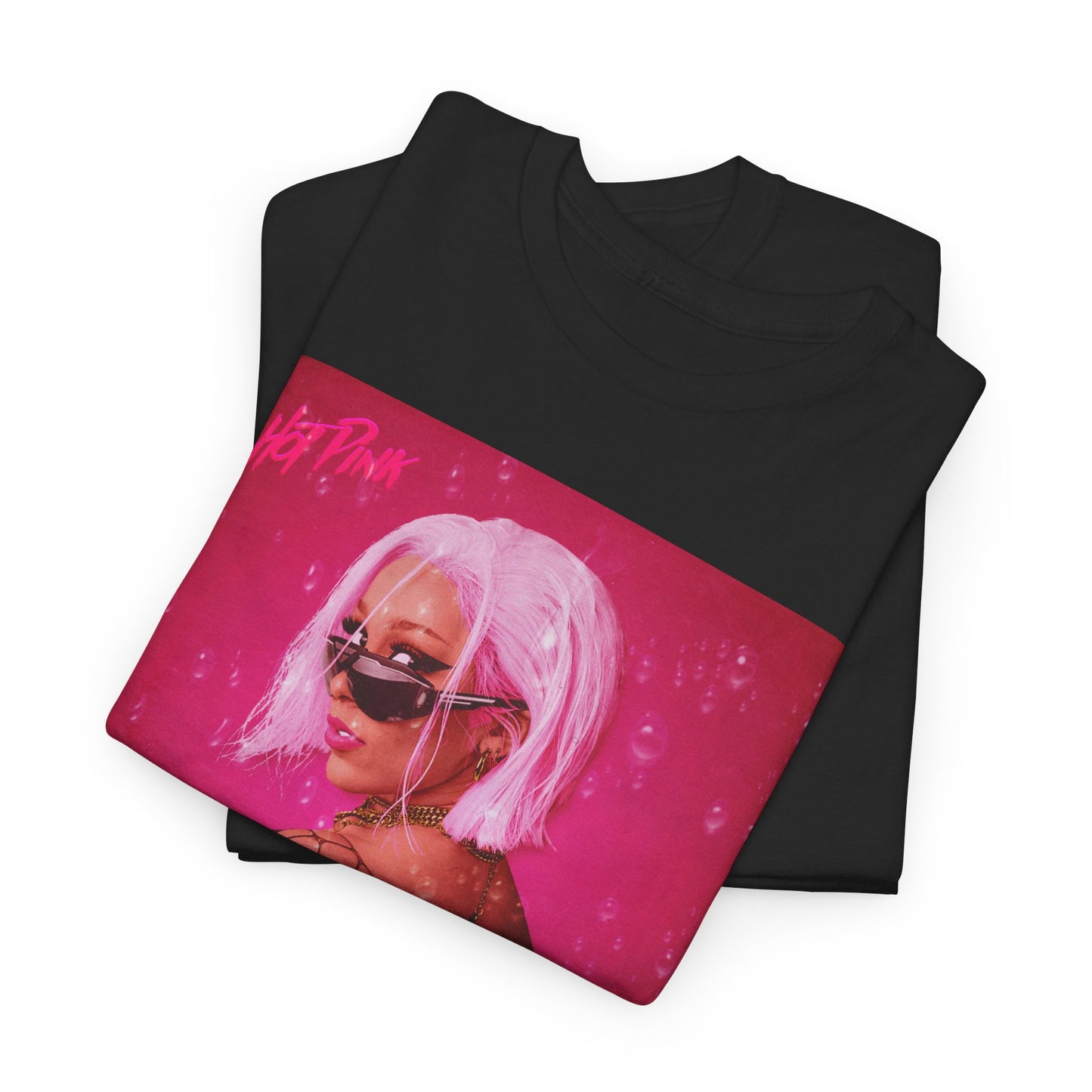 A black graphic t-shirt featuring a graphic related to Doja Cat's "Hot Pink" album era.