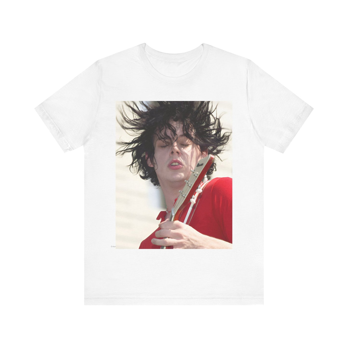A black graphic t-shirt featuring a retro graphic of Jack White from The White Stripes playing guitar.