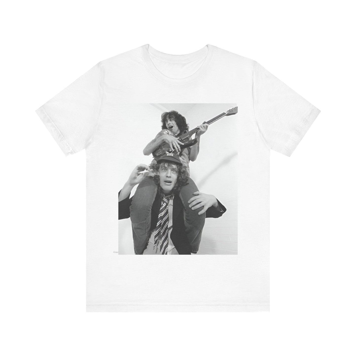 A black graphic t-shirt featuring a split image of AC/DC's Bon Scott and Angus Young, representing the band's iconic duo.
