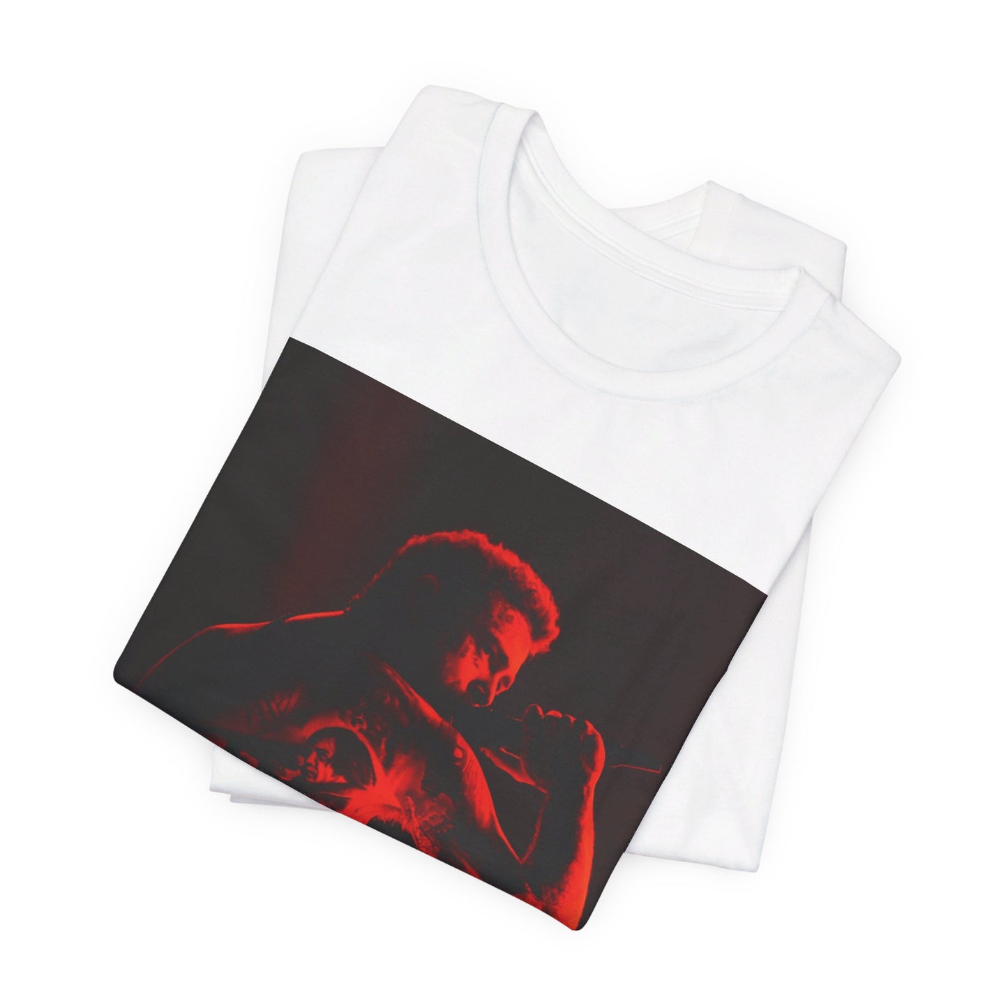 A black graphic t-shirt featuring a graphic related to Post Malone's 'Stoney' album or live performances.