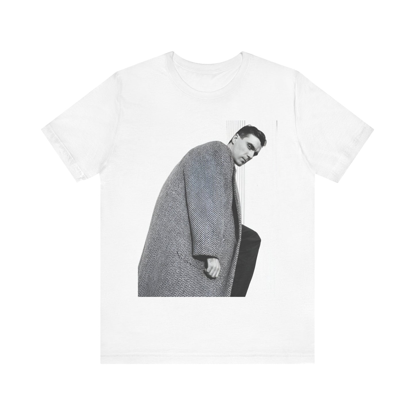 A black graphic t-shirt featuring a graphic of David Byrne from Talking Heads in his classic style.