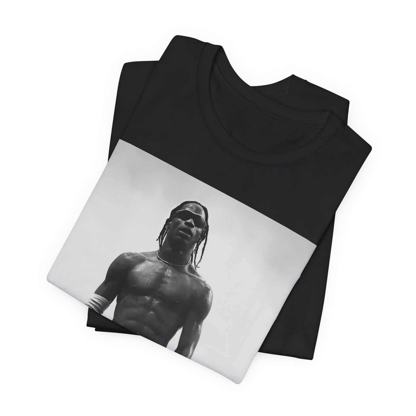 A black graphic t-shirt featuring a black and white portrait photo of Travis Scott.