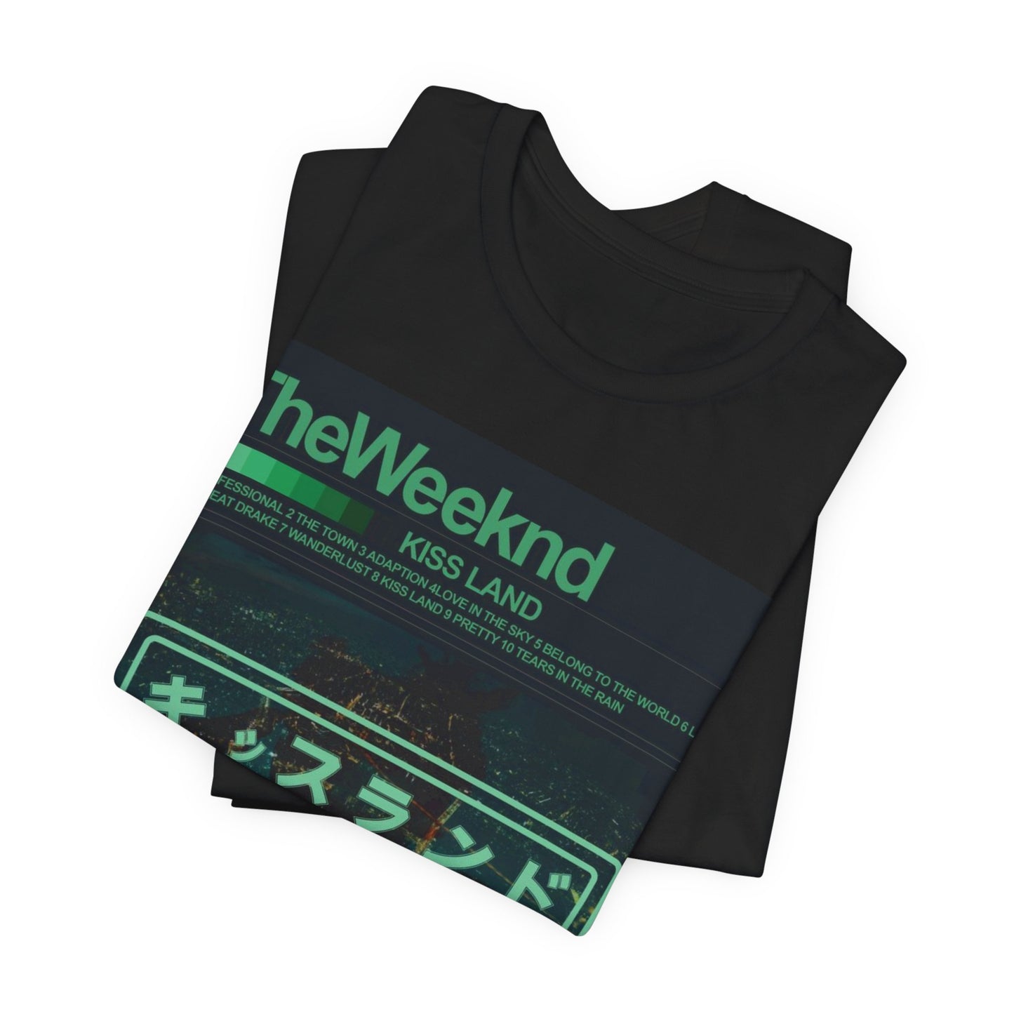 A black graphic t-shirt featuring a retro graphic related to The Weeknd's 'Kiss Land' album.
