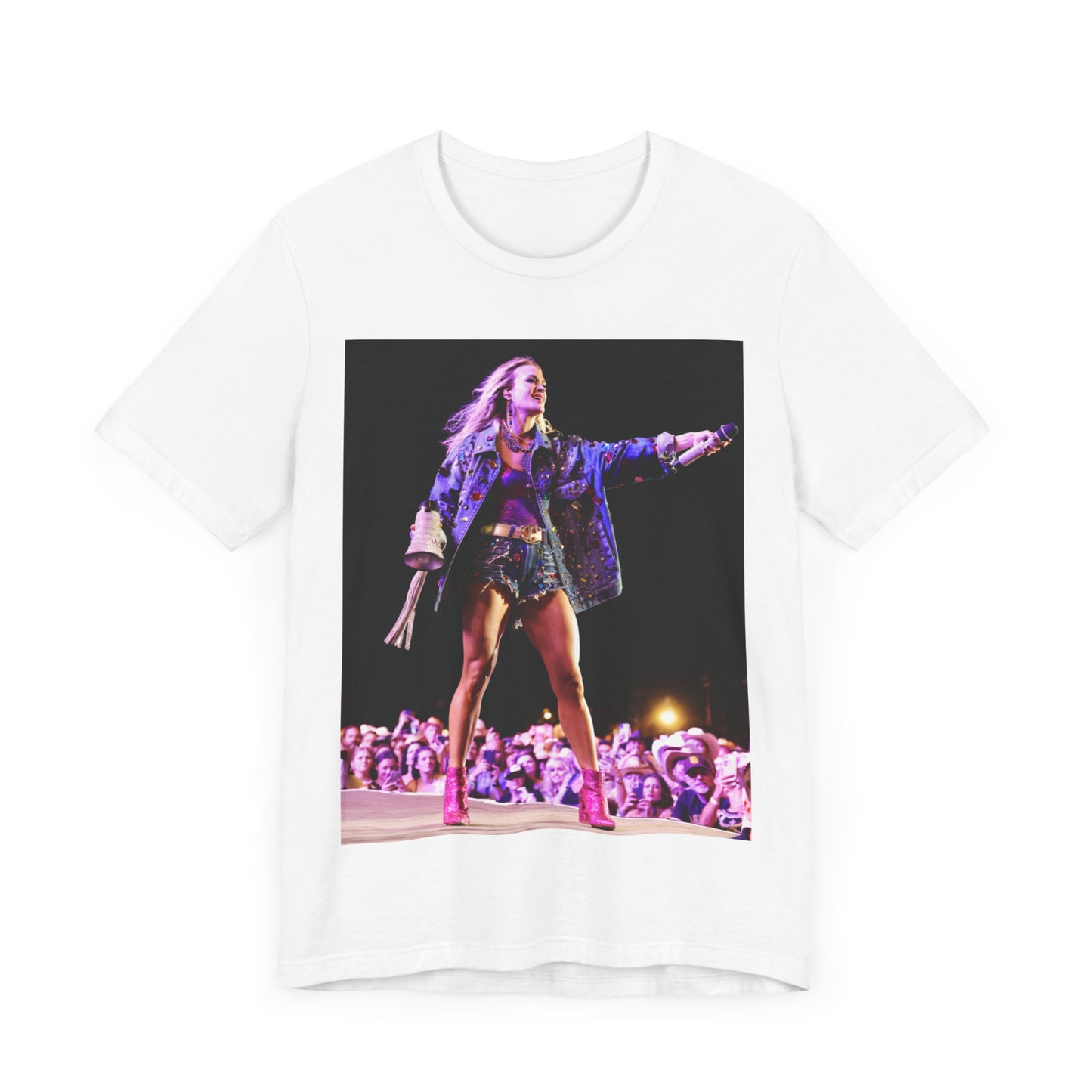 A black graphic t-shirt featuring a graphic of Carrie Underwood with Nashville-themed elements or skyline.
