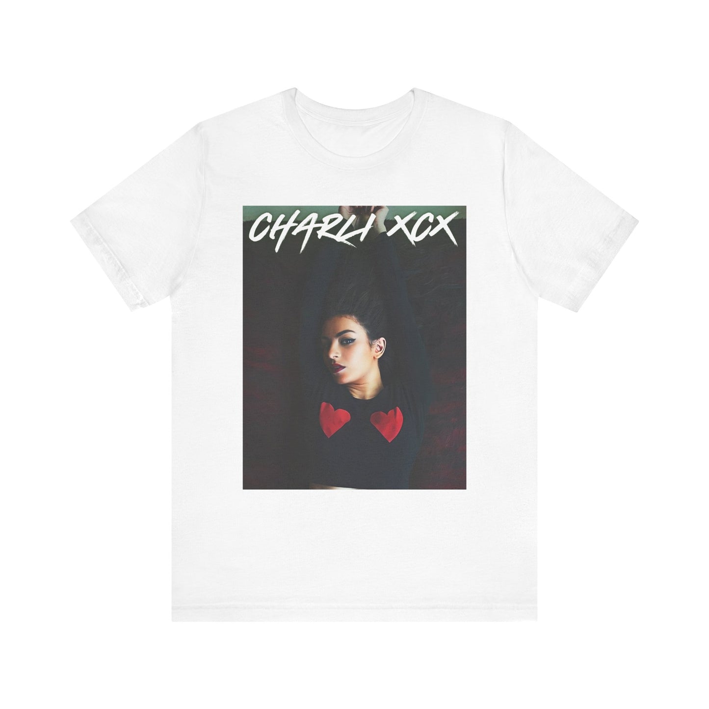 A black graphic t-shirt featuring a graphic of Charli XCX, designed with a future pop diva aesthetic.