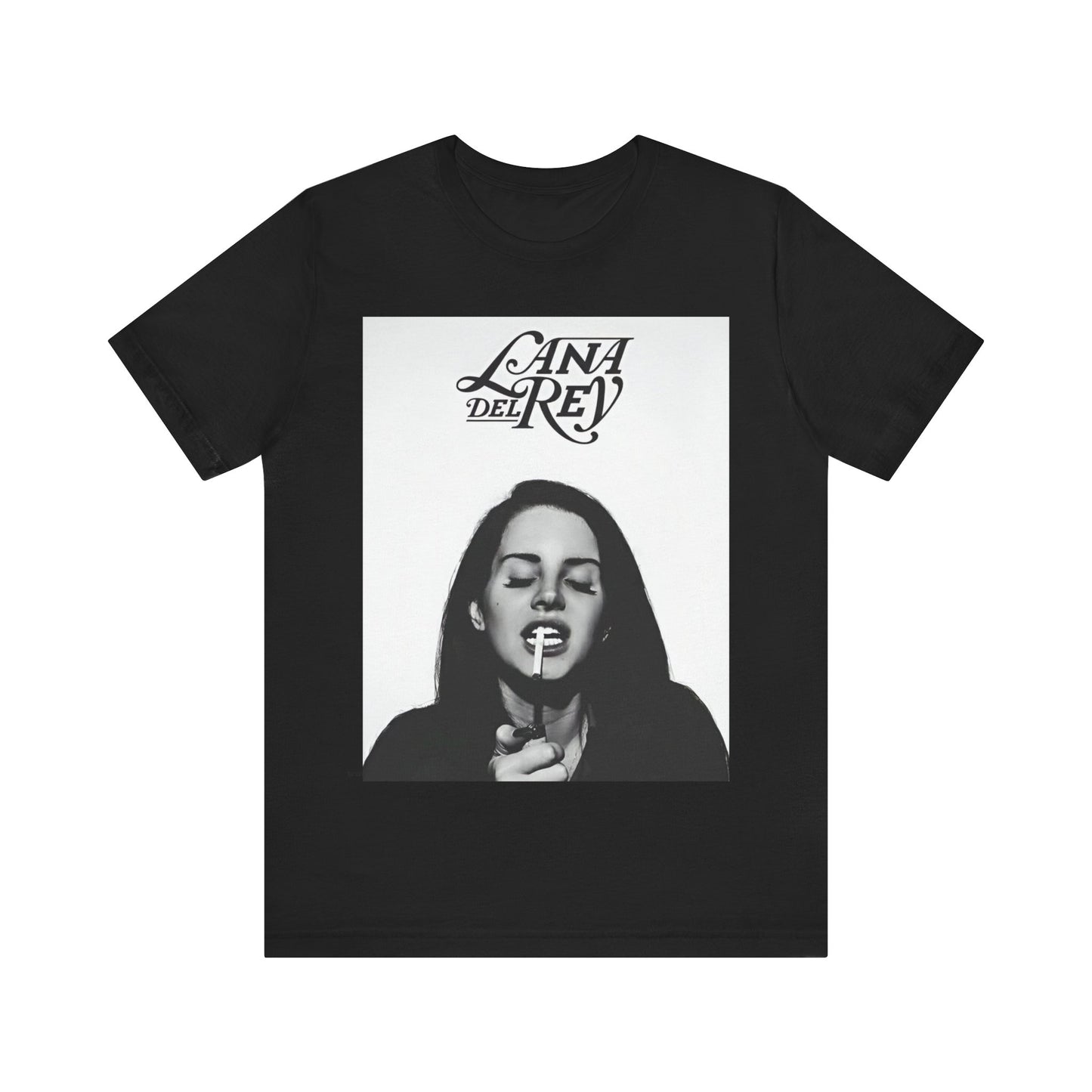 A grainy, cinematic, vintage-style photo of Lana Del Rey, as if from an old film, printed on a graphic t-shirt.