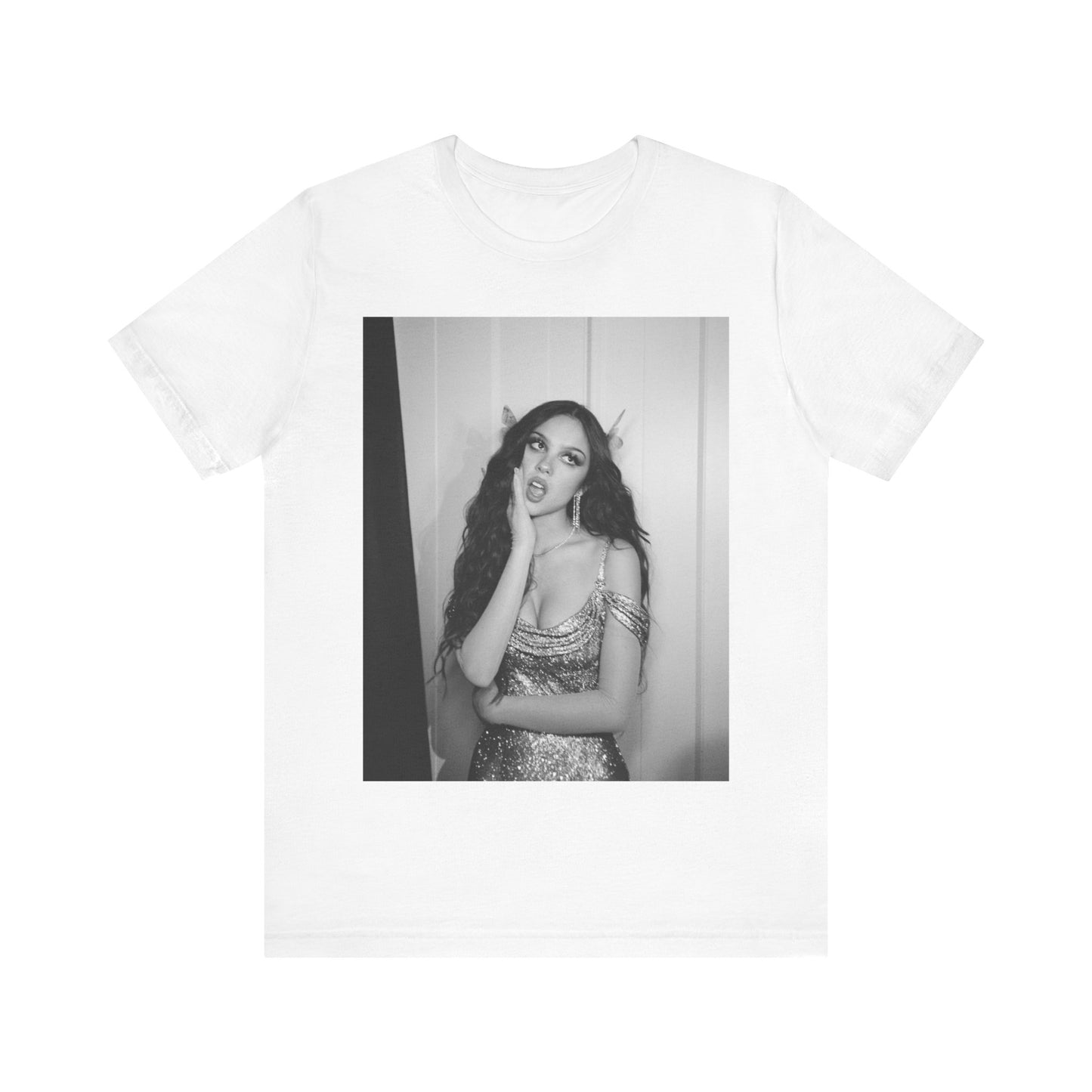 A black graphic t-shirt featuring a black and white, monochrome graphic or photo of Olivia Rodrigo.