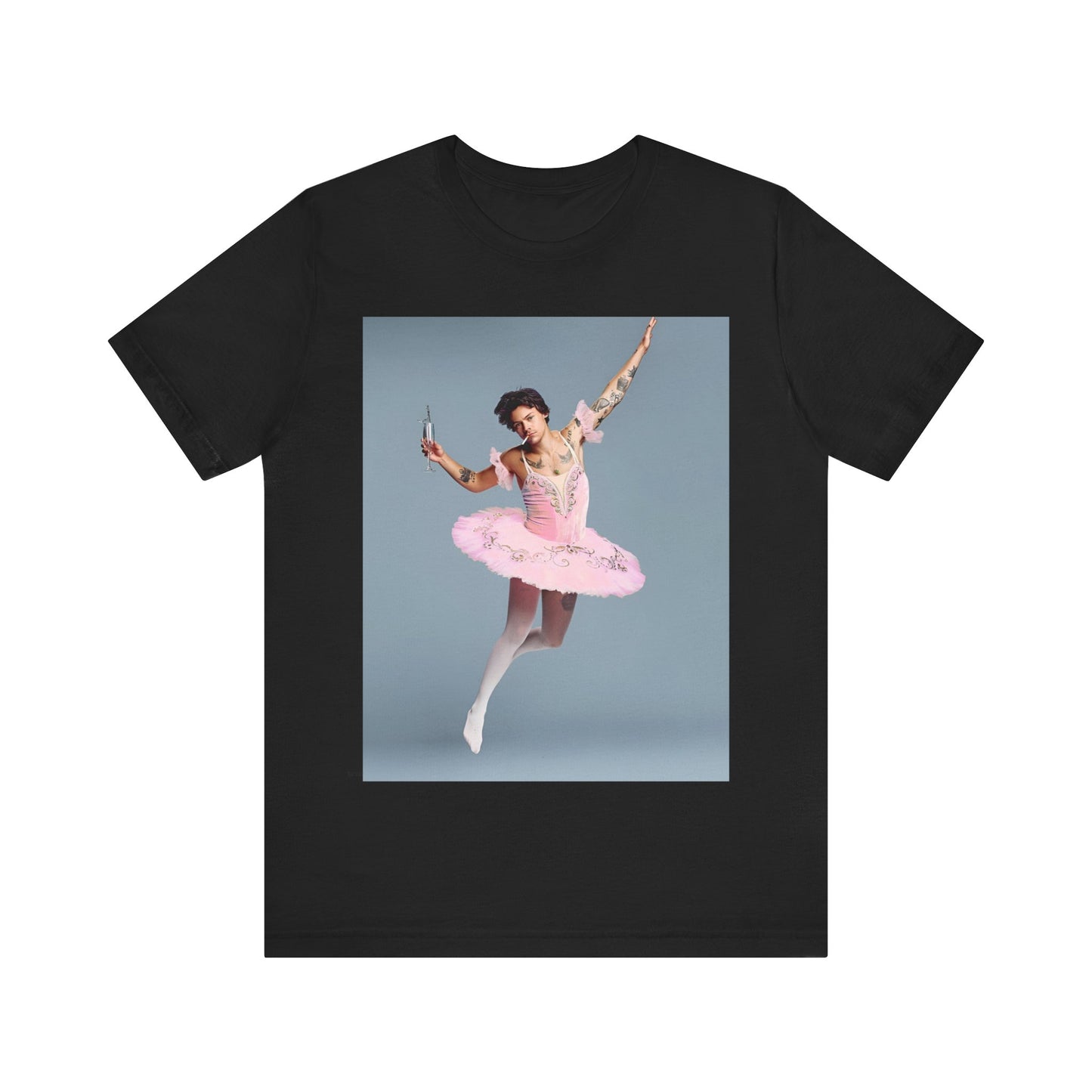 A black graphic t-shirt featuring a photo of Harry Styles in a ballet pose or setting.