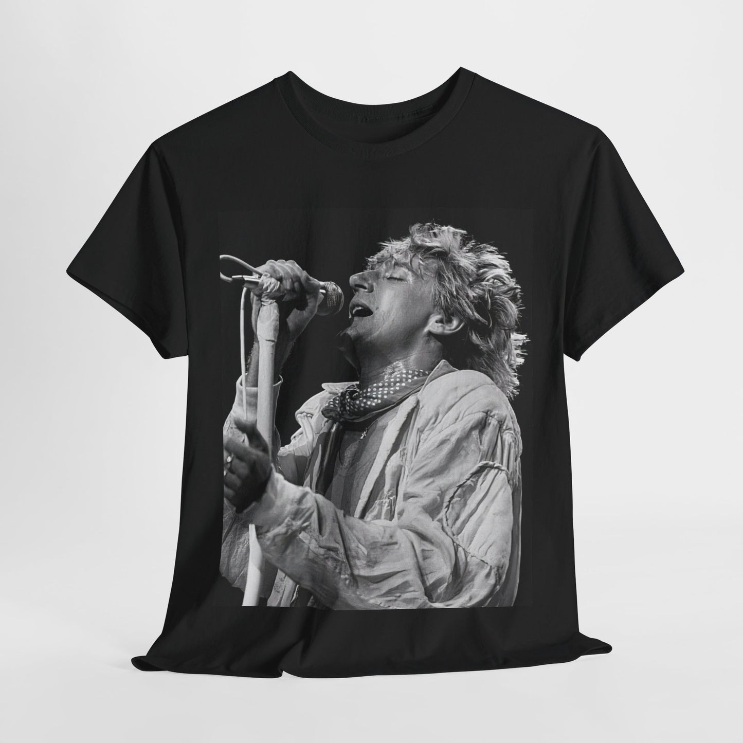 A black graphic t-shirt featuring an 80s black and white monochrome graphic or photo of Rod Stewart.