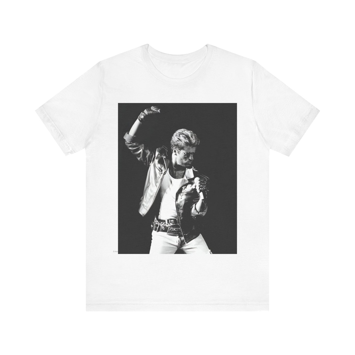 A black graphic t-shirt featuring an iconic black and white portrait photo of George Michael.