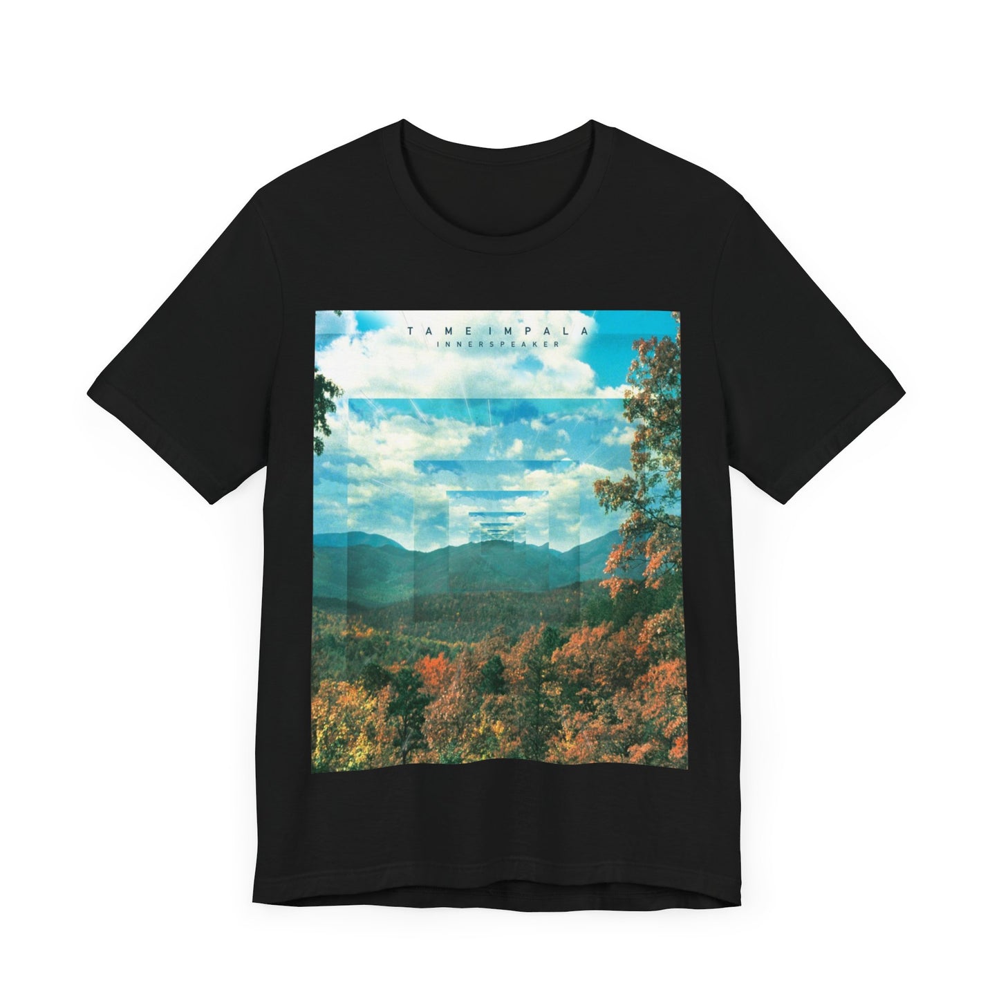 A black graphic t-shirt featuring a graphic related to Tame Impala's 'InnerSpeaker' album.