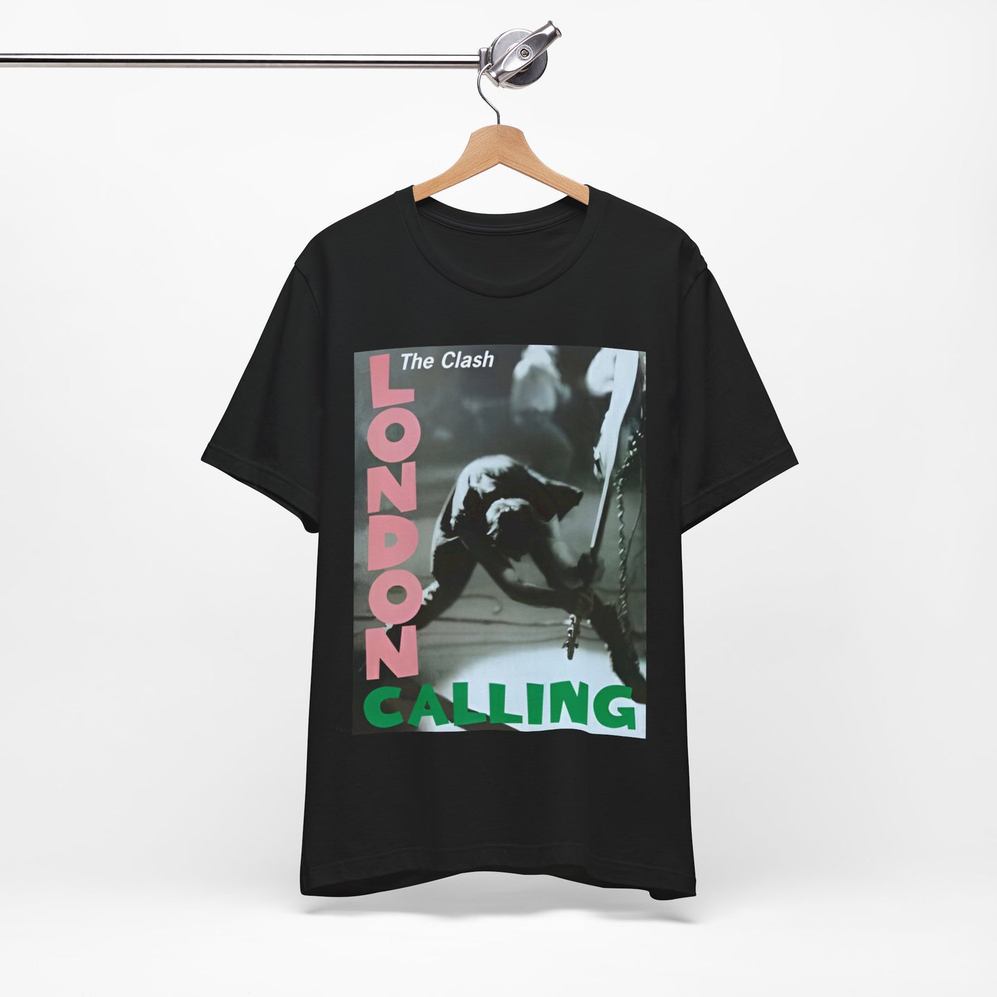 A black graphic t-shirt featuring the album cover art for The Clash's 'London Calling'.