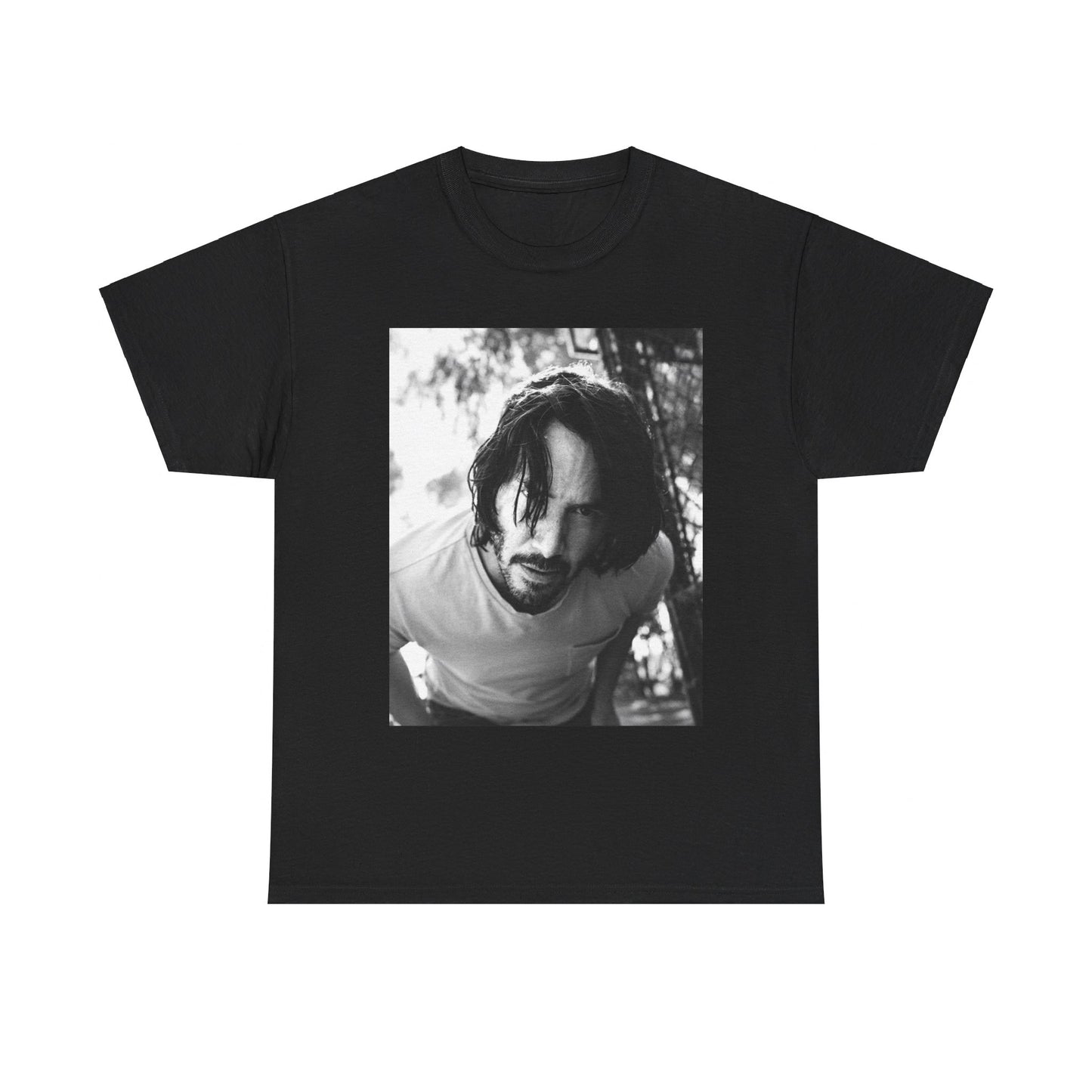 A black graphic t-shirt featuring a graphic of Keanu Reeves with authentic chill vibes.
