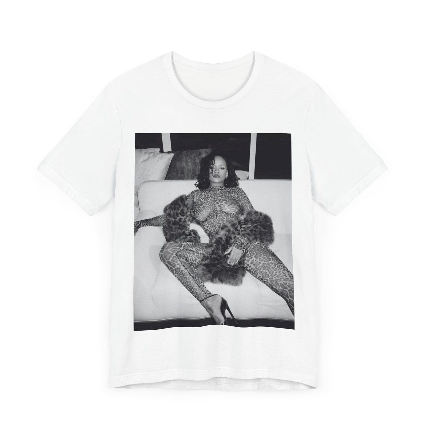 A black graphic t-shirt featuring a black and white, monochrome graphic or photo of Rihanna in a sexy pose.