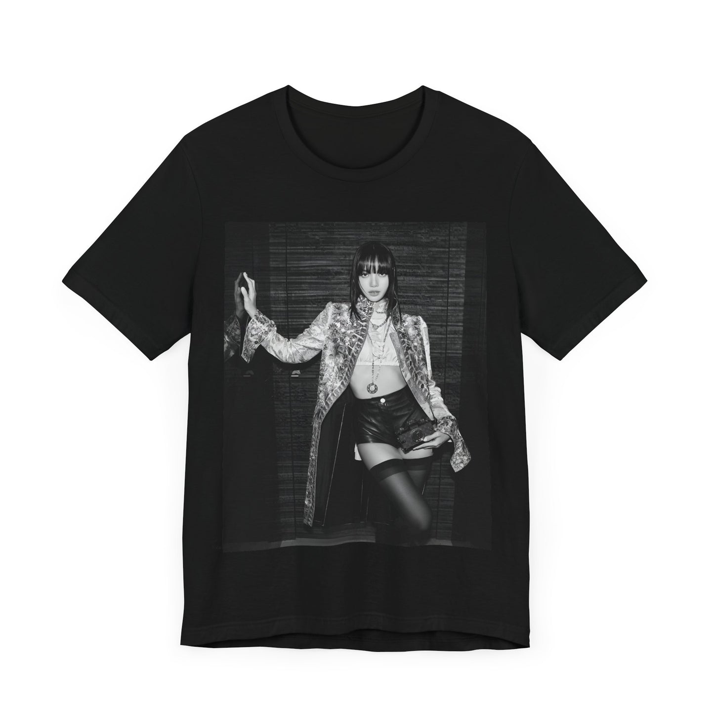 A black graphic t-shirt featuring a black and white, monochrome graphic or photo of Lisa.