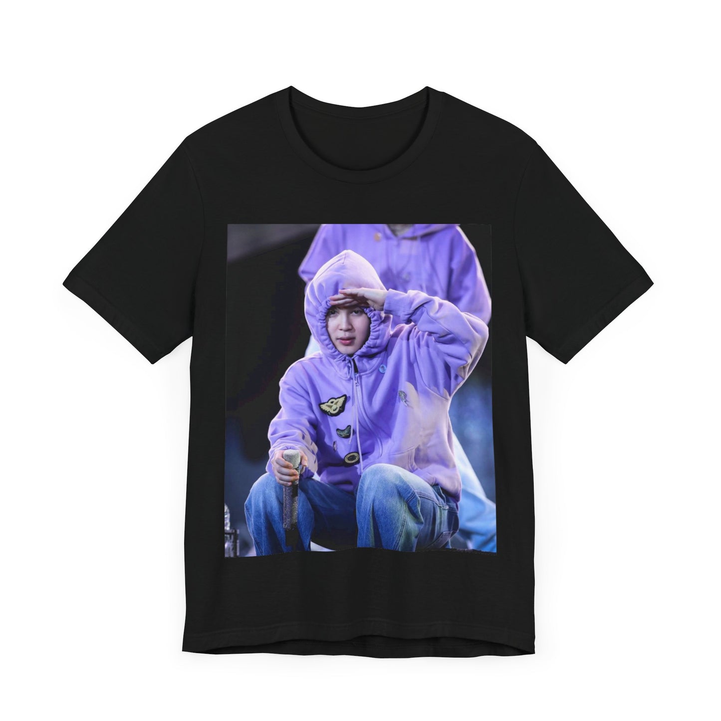 A black graphic t-shirt featuring an authentic live performance graphic of Jimin.