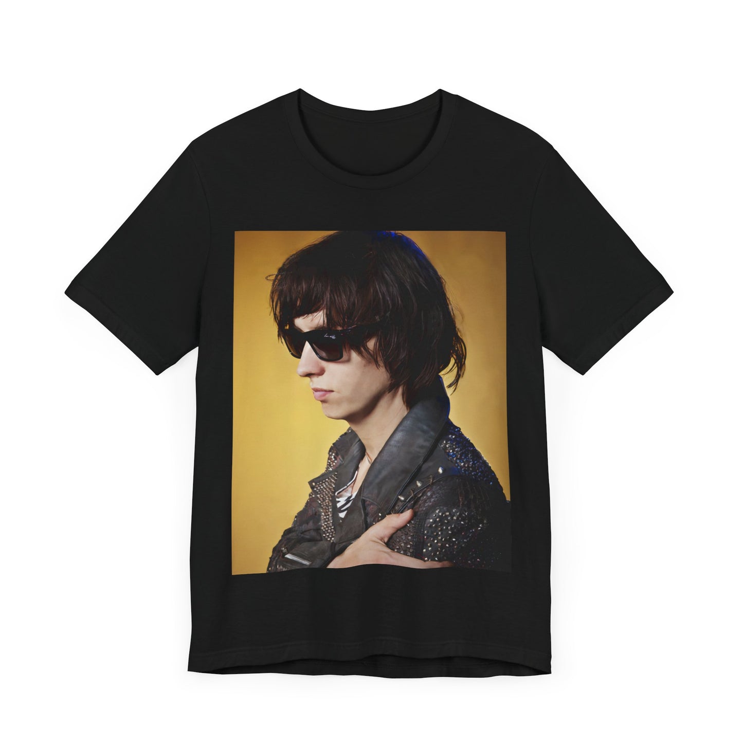 A black graphic t-shirt featuring a retro graphic related to The Strokes' 'Is This It' album era.