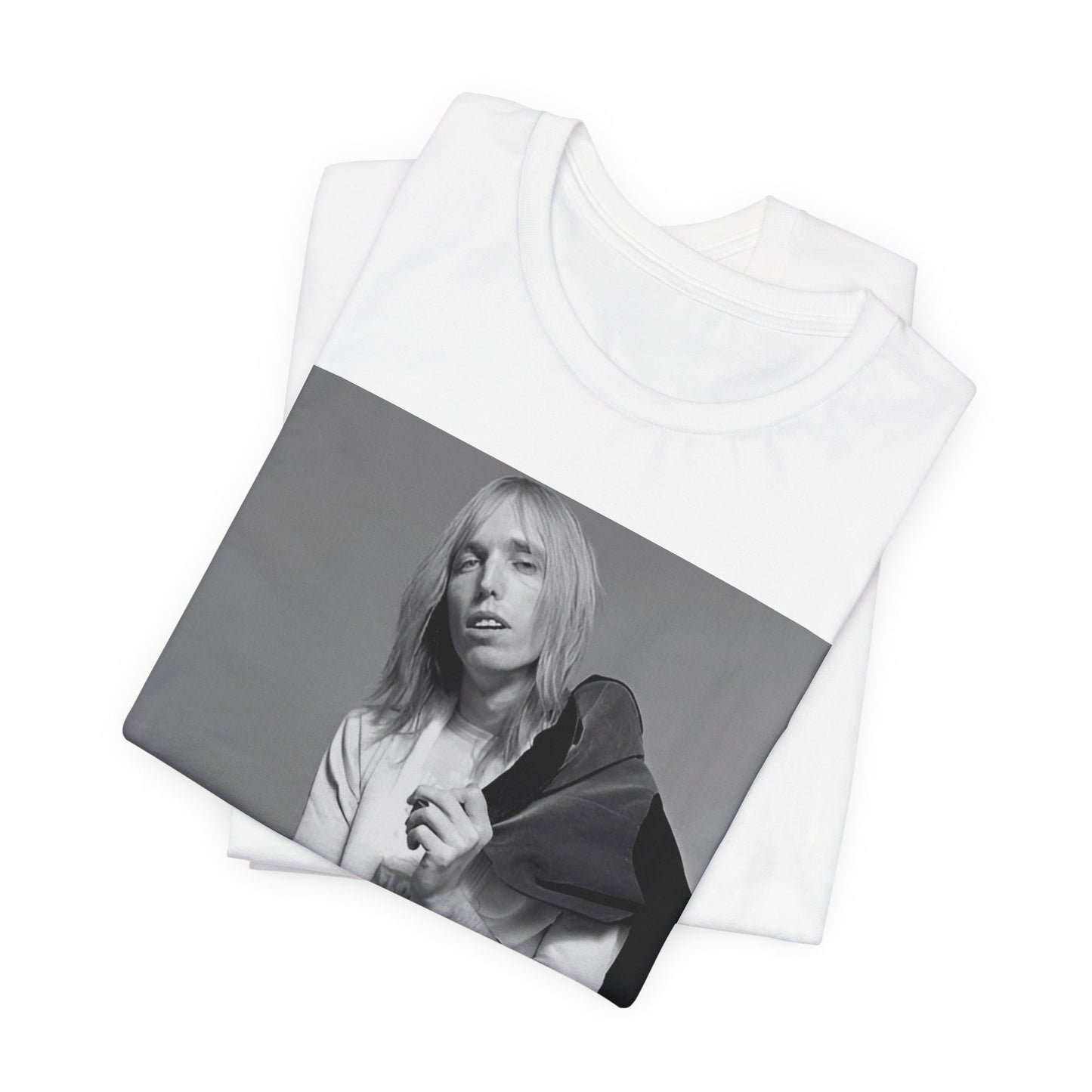 A black graphic t-shirt featuring a modern rock essential graphic of Tom Petty.
