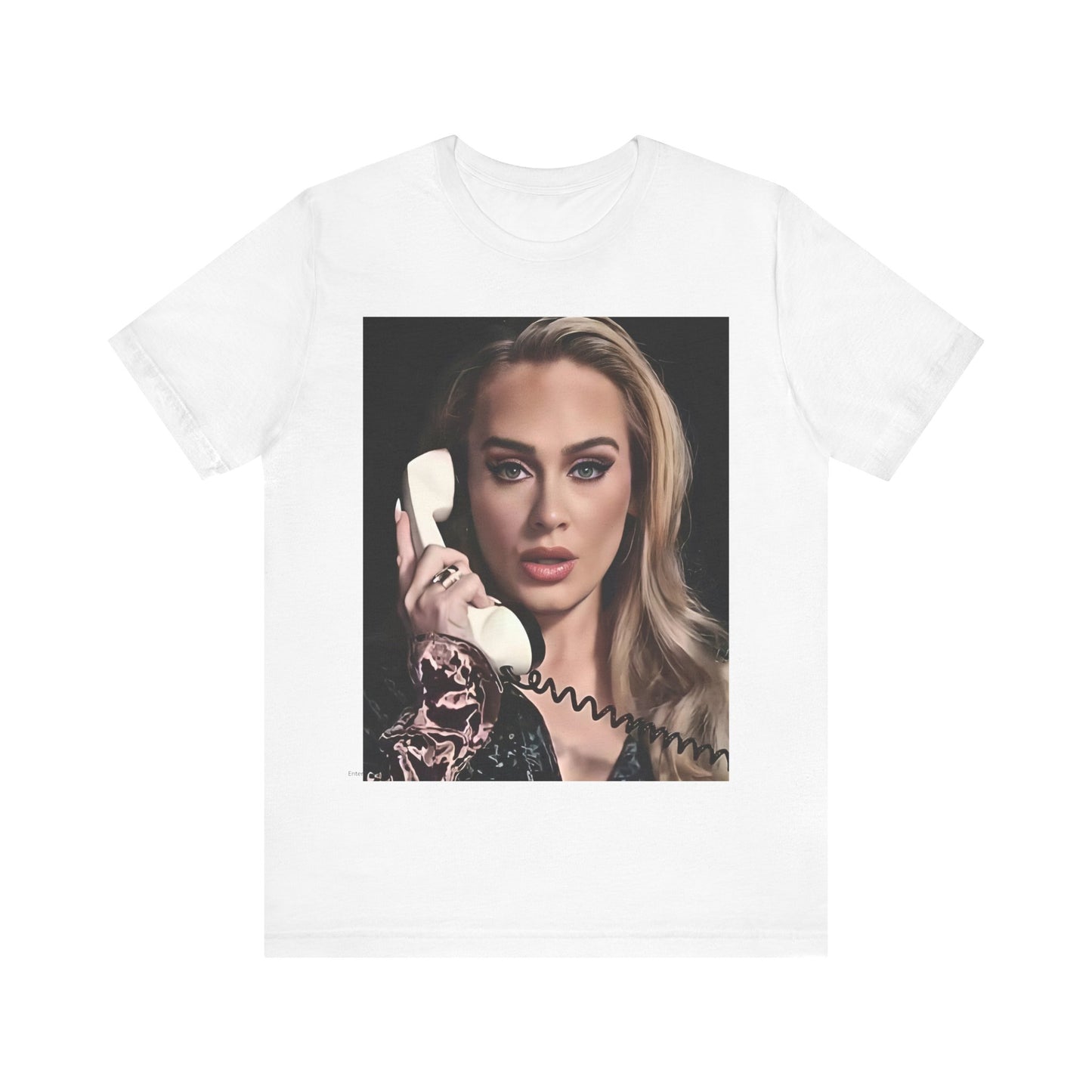 A black graphic t-shirt featuring a black and white candid photo of Adele with a phone to her ear, showing a thoughtful or emotional expression.