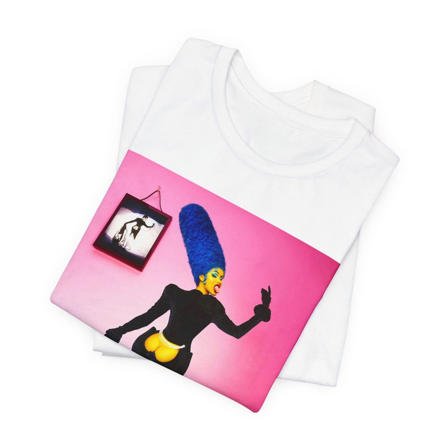 A black graphic t-shirt featuring a photo or graphic of Cardi B blended with elements or characters from The Simpsons.