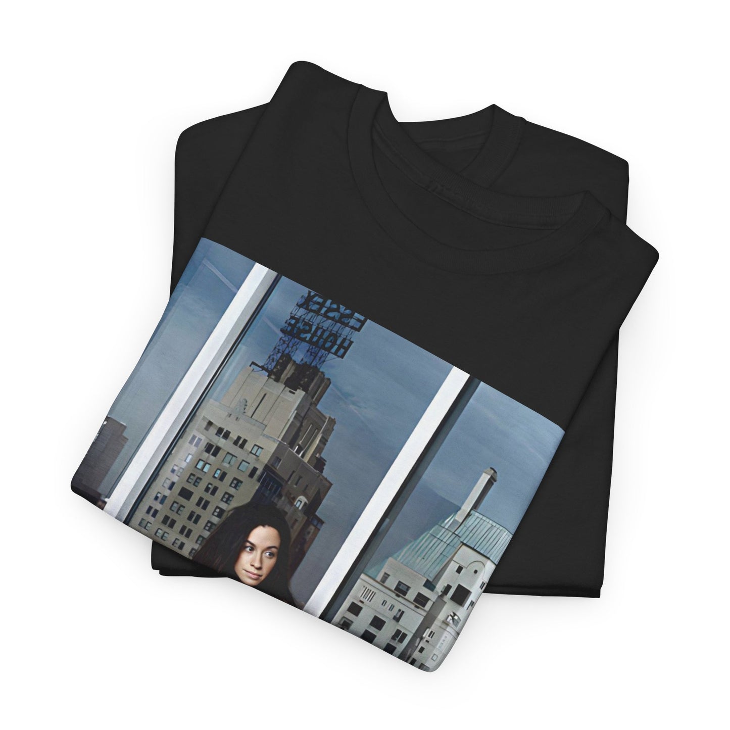 A black graphic t-shirt featuring a photo portrait of Alanis Morissette.