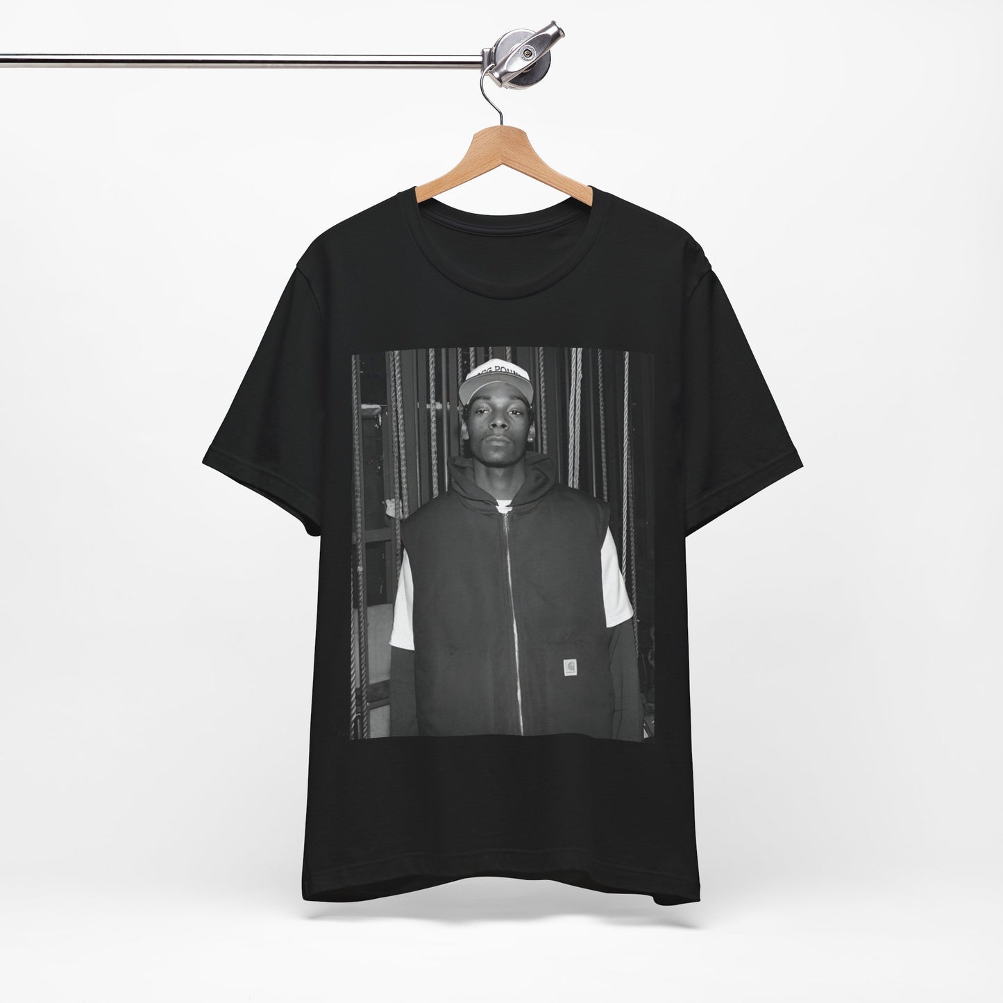 A black graphic t-shirt featuring a graphic of Snoop Dogg emphasizing a rebellious spirit.