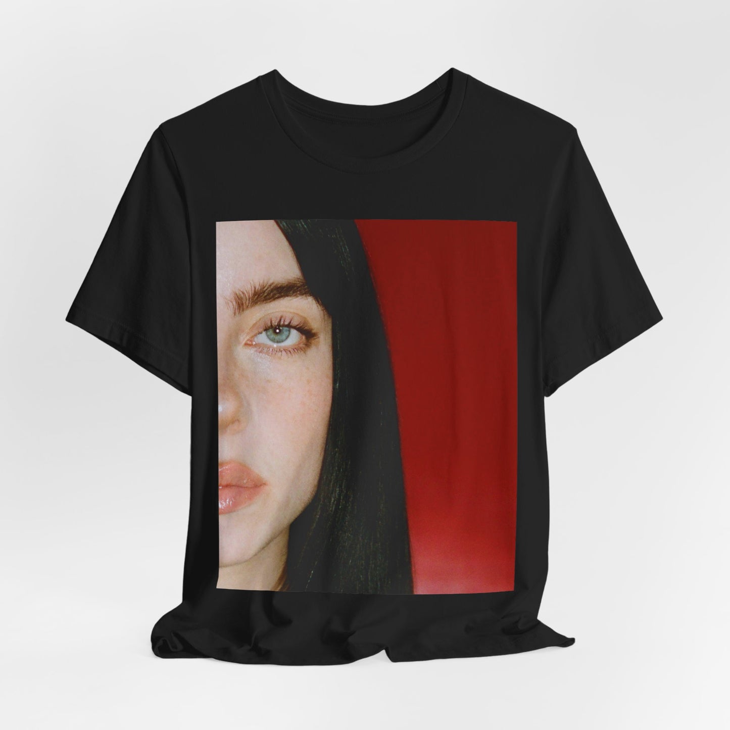 A classic, direct, black and white portrait of Billie Eilish, embodying a timeless aesthetic, printed on a graphic t-shirt.