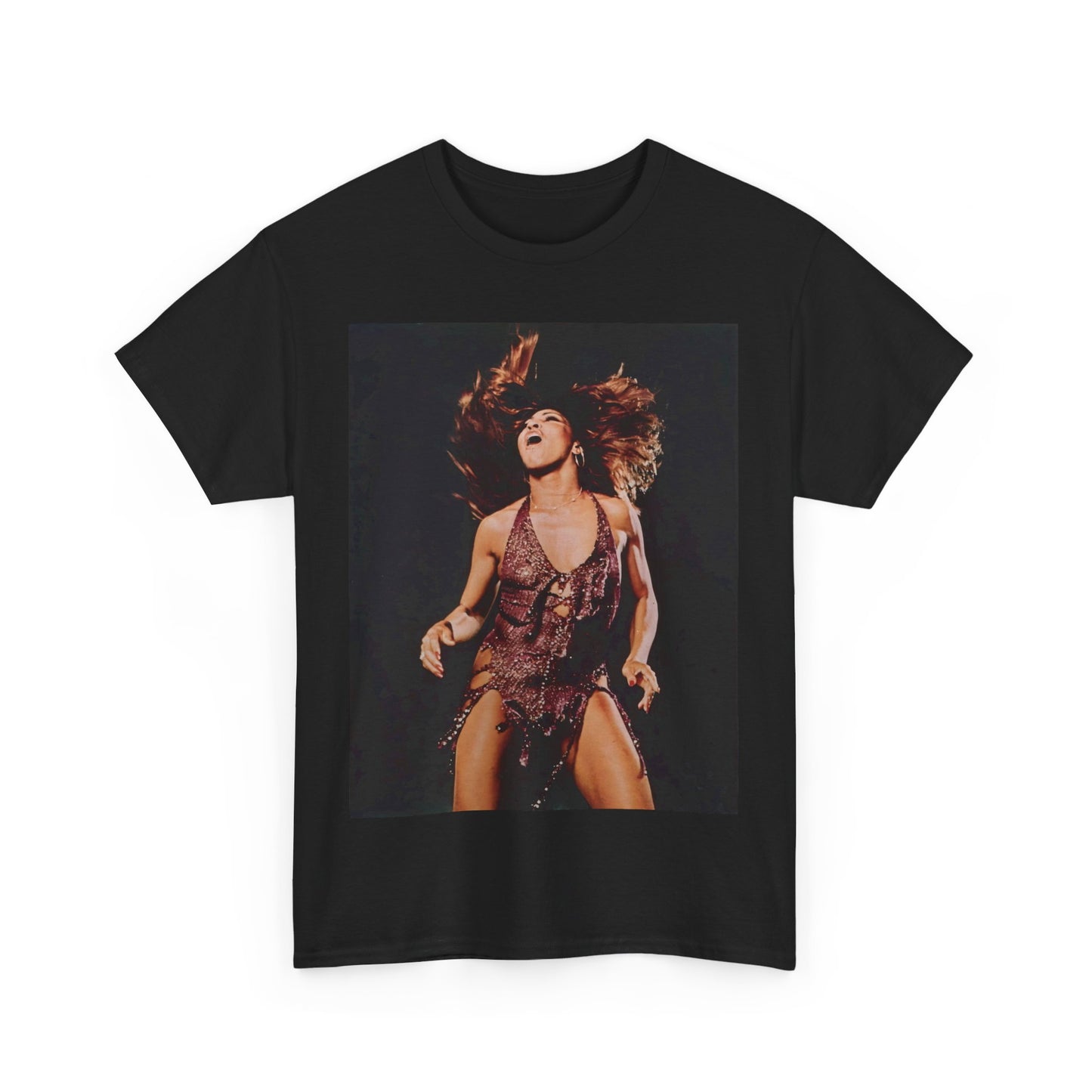 A black graphic t-shirt featuring an authentic live performance graphic of Tina Turner.