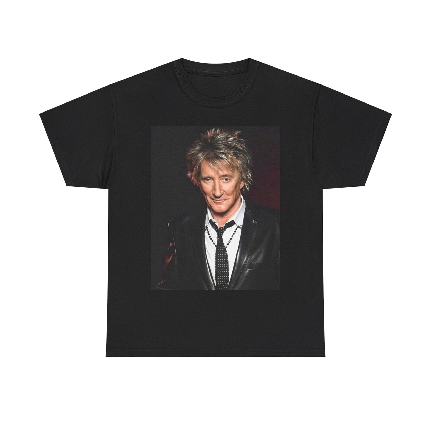 A black graphic t-shirt featuring a 90s portrait photo of Rod Stewart.