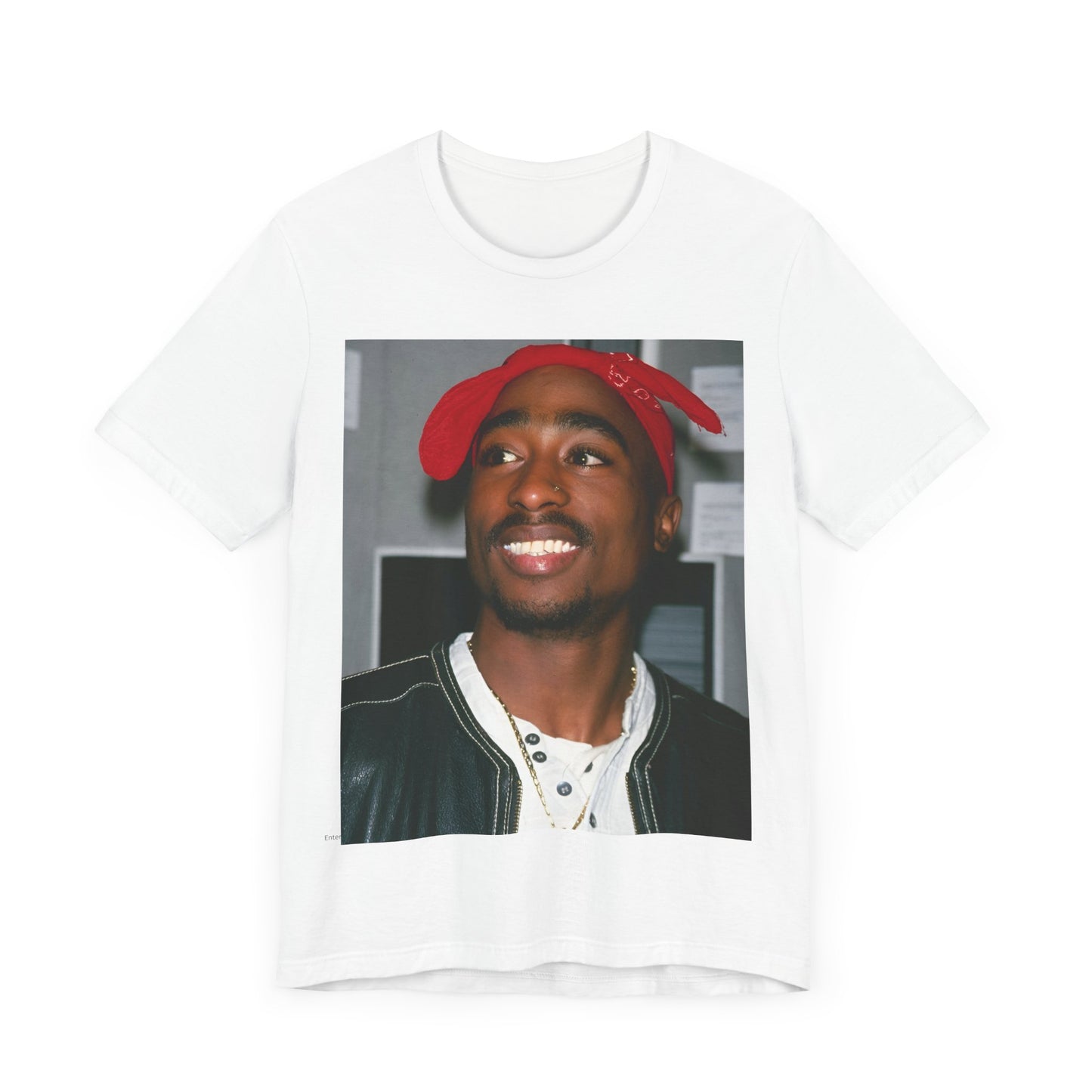 A black graphic t-shirt featuring a graphic of Tupac with his iconic bandana style.