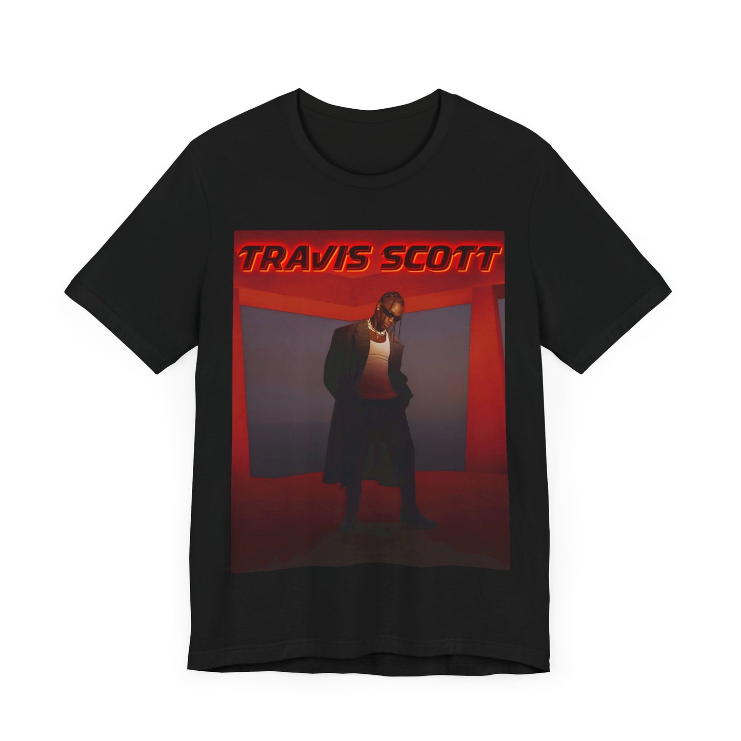 A black graphic t-shirt featuring a graphic of Travis Scott with a dreamy rap soundscape aesthetic.