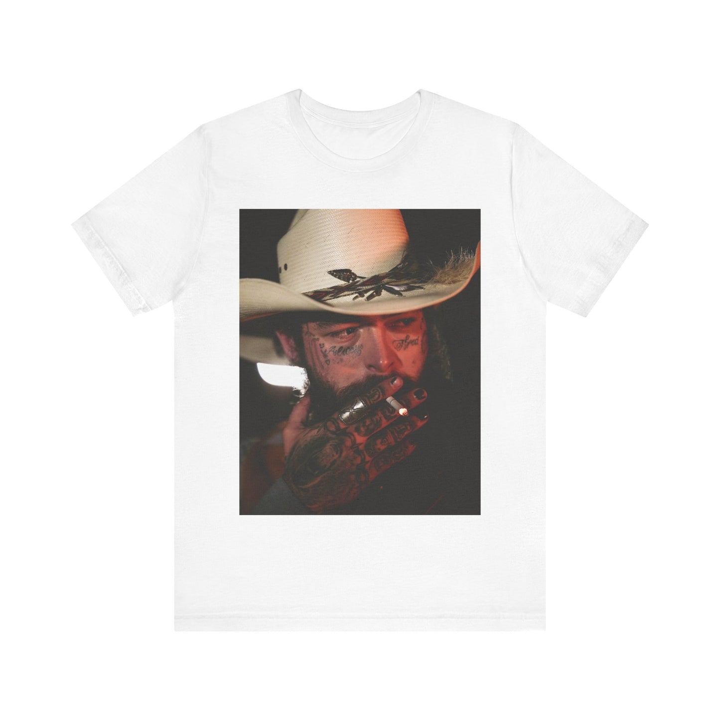 A black graphic t-shirt featuring a graphic of Post Malone wearing a cowboy hat.
