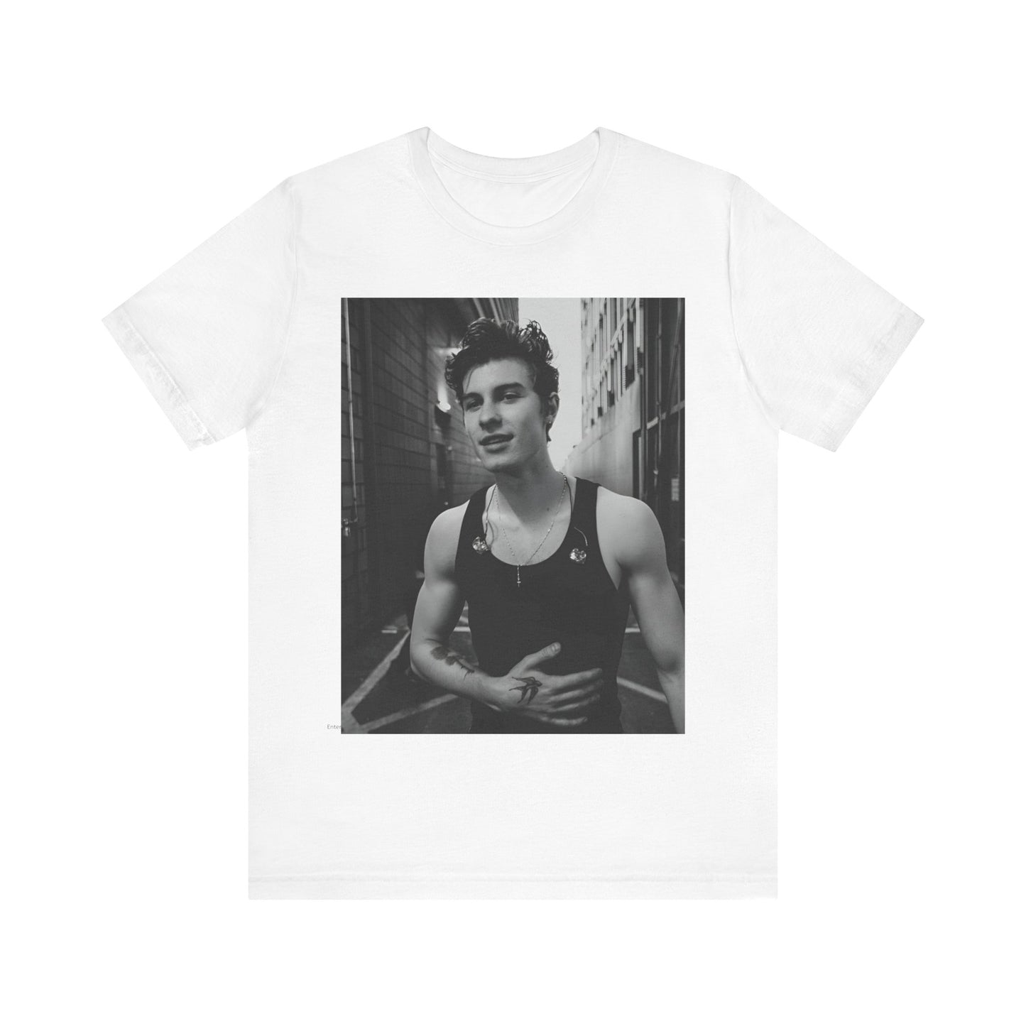 A black graphic t-shirt featuring a vintage black and white portrait graphic or photo of Shawn Mendes.