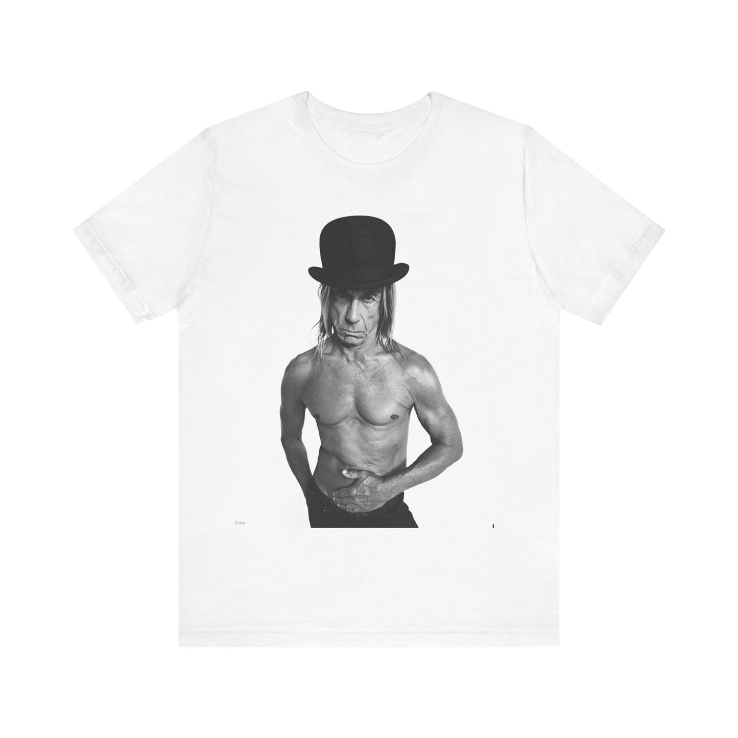 A black graphic t-shirt featuring a black and white photo of Iggy Pop wearing a hat.