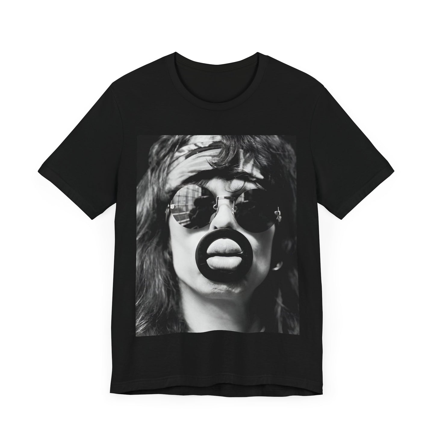 A black graphic t-shirt featuring a retro-style band photo of Aerosmith from the 1970s, showing the members in their iconic early looks.