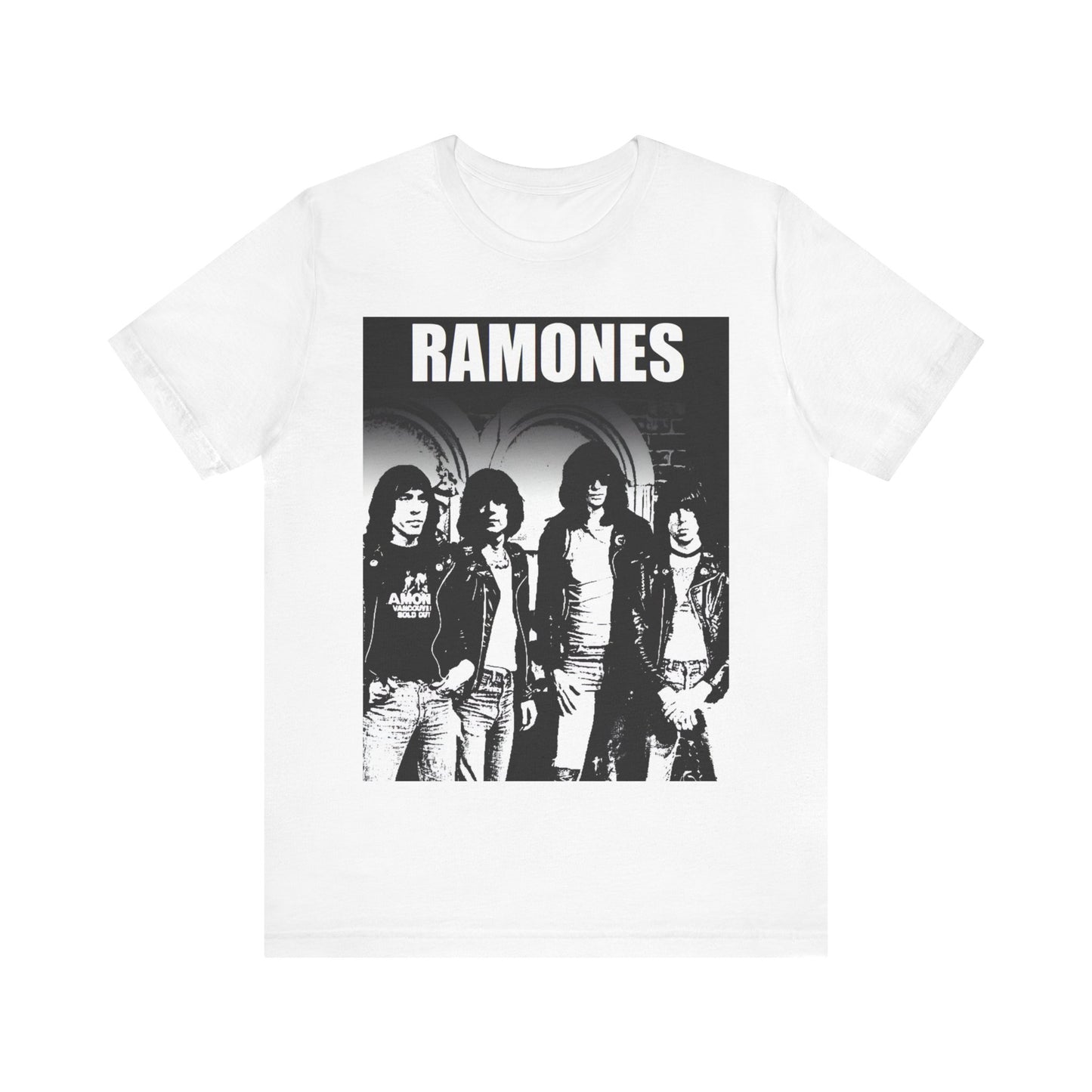 A black graphic t-shirt featuring a graphic of the Ramones as punk rock pioneers.