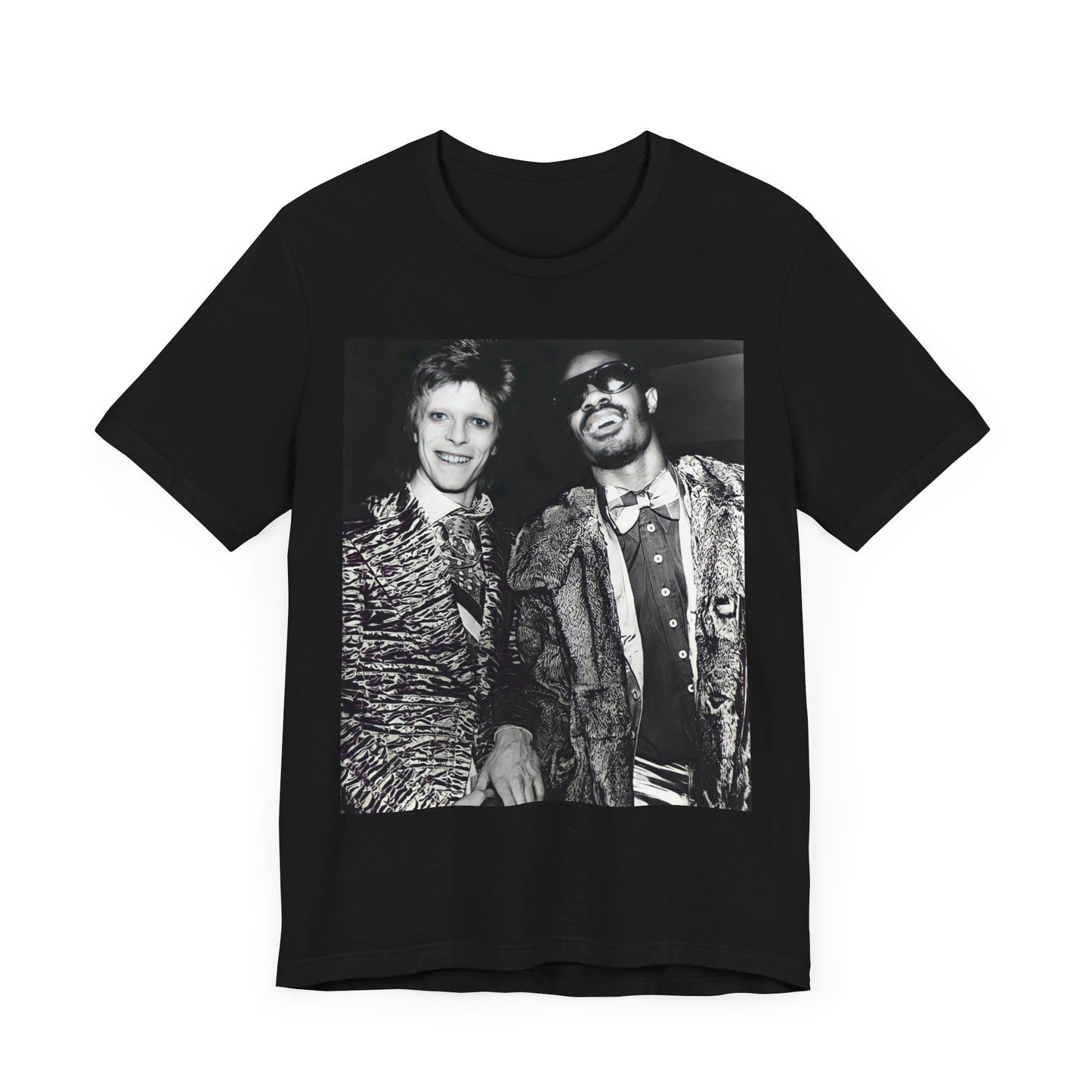 A black graphic t-shirt featuring a retro graphic of Stevie Wonder and David Bowie together.