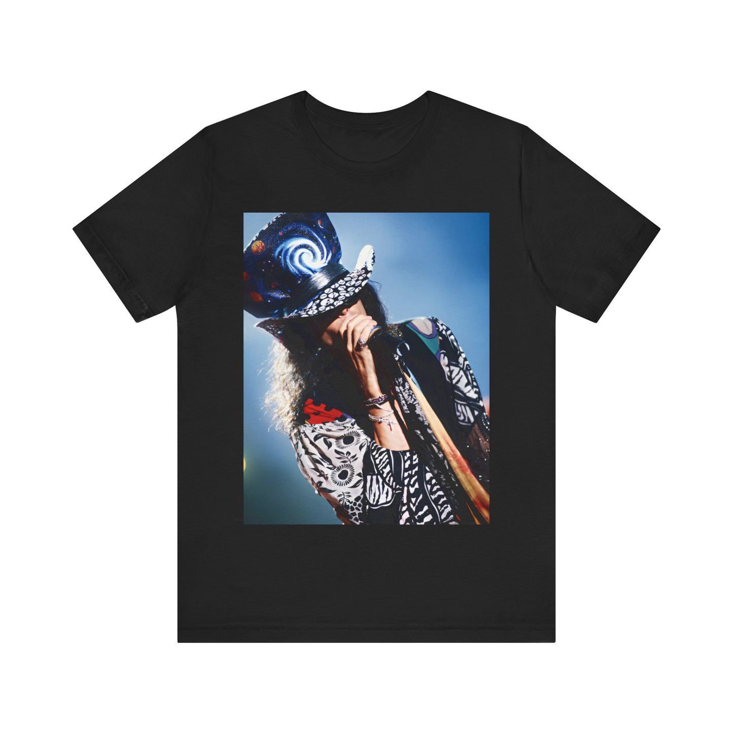 A black graphic t-shirt featuring a vintage 90s photo or illustration of Aerosmith performing live on stage, with band members in dynamic poses.