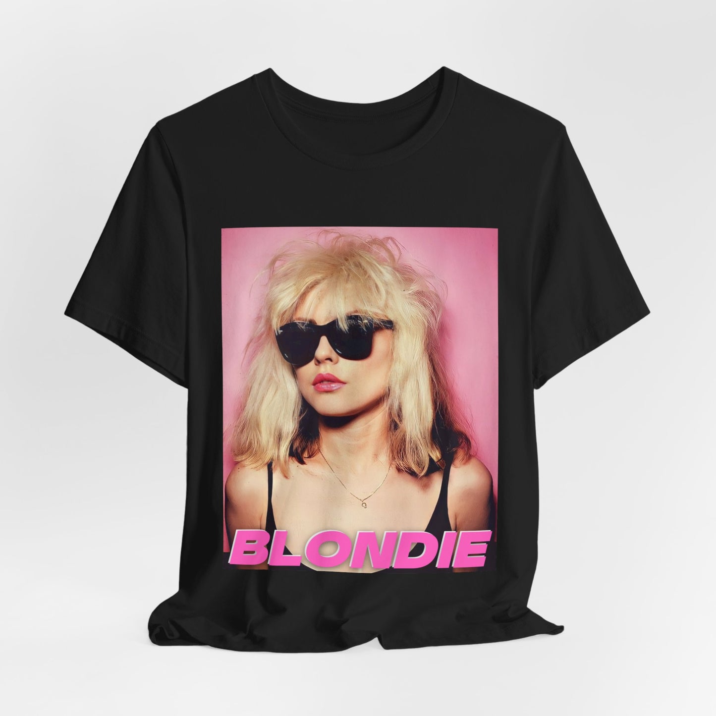 A black graphic t-shirt featuring a graphic related to Blondie's 'Call Me' song or era.