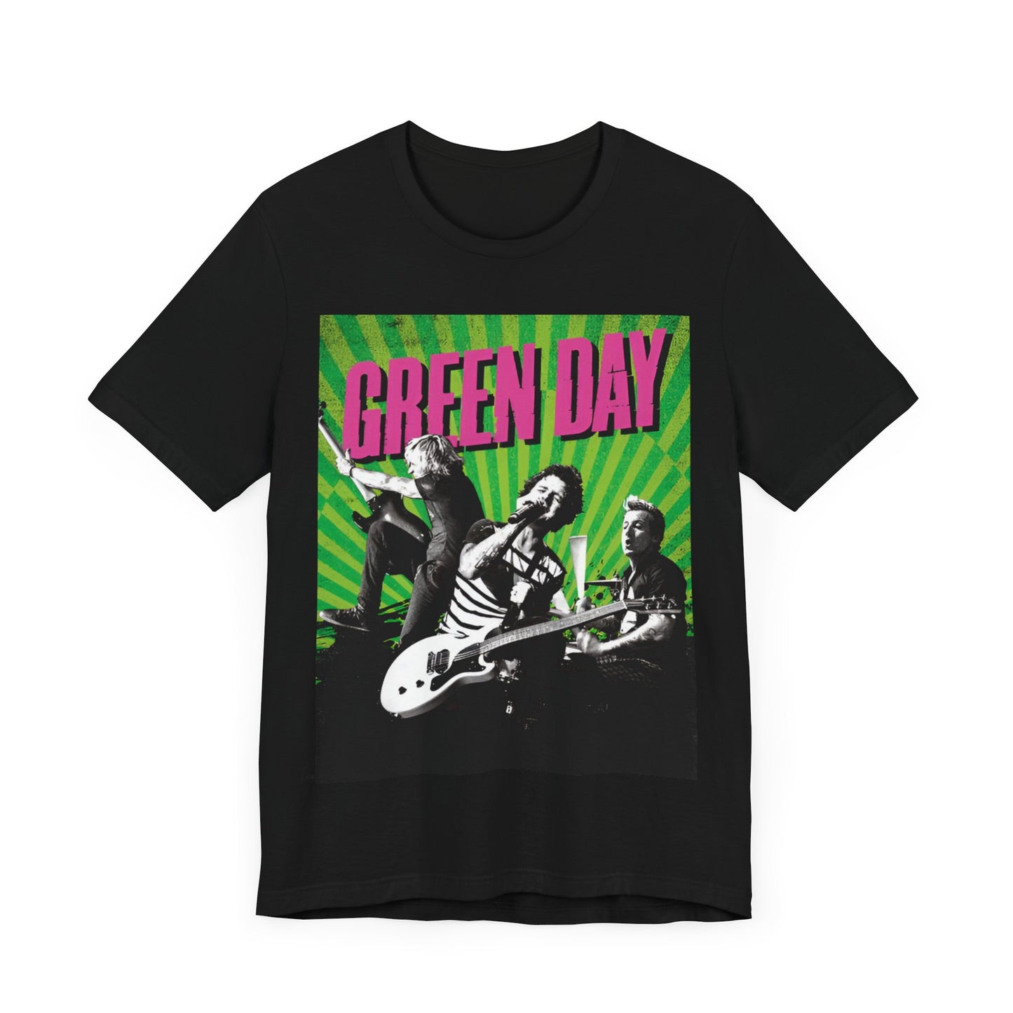 A black graphic t-shirt featuring a graphic related to Green Day's 'Basket Case' song.