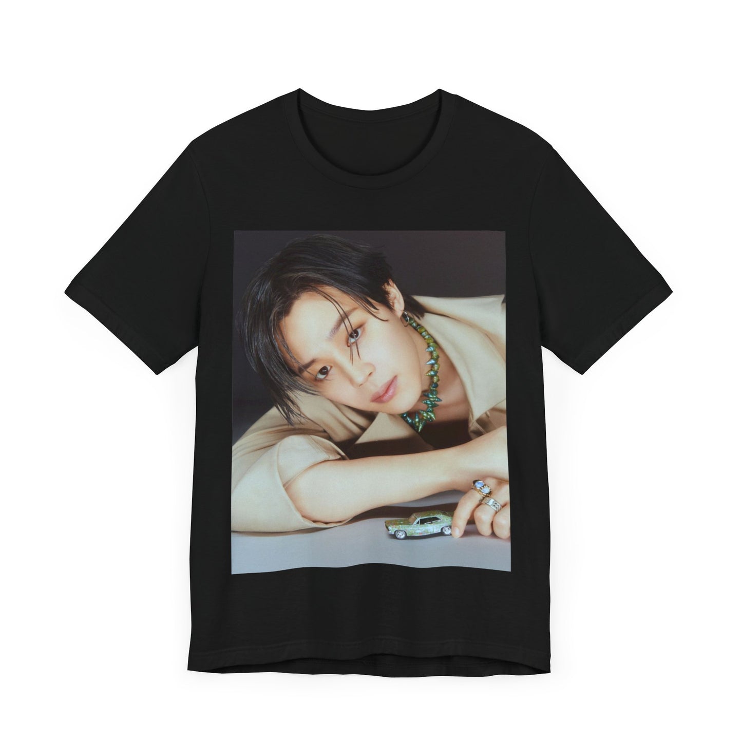 A black graphic t-shirt featuring a retro graphic related to Jimin's 'Filter' era.