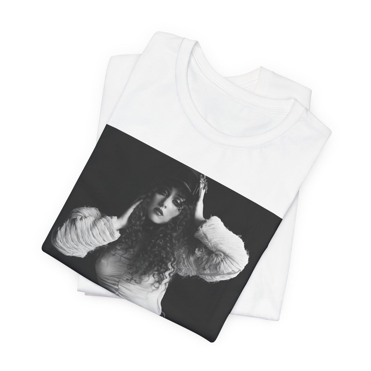 A black graphic t-shirt featuring a black and white, monochrome graphic or portrait of Chappell Roan.