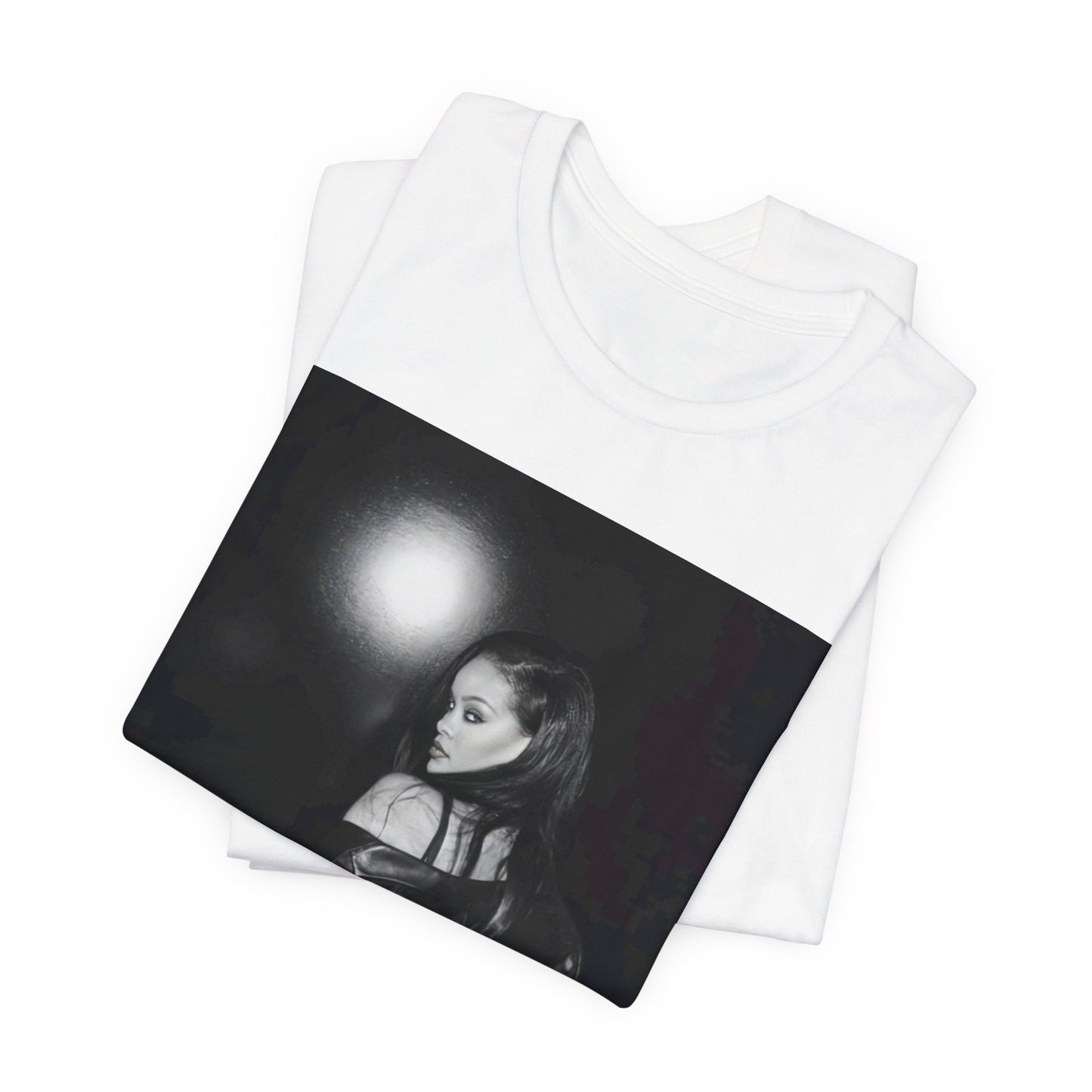 A black graphic t-shirt featuring a black and white sexy graphic of Rihanna.