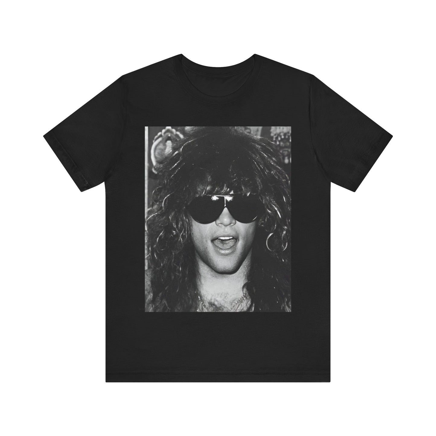 A black graphic t-shirt featuring a graphic or photo of Bon Jovi in a backstage setting.