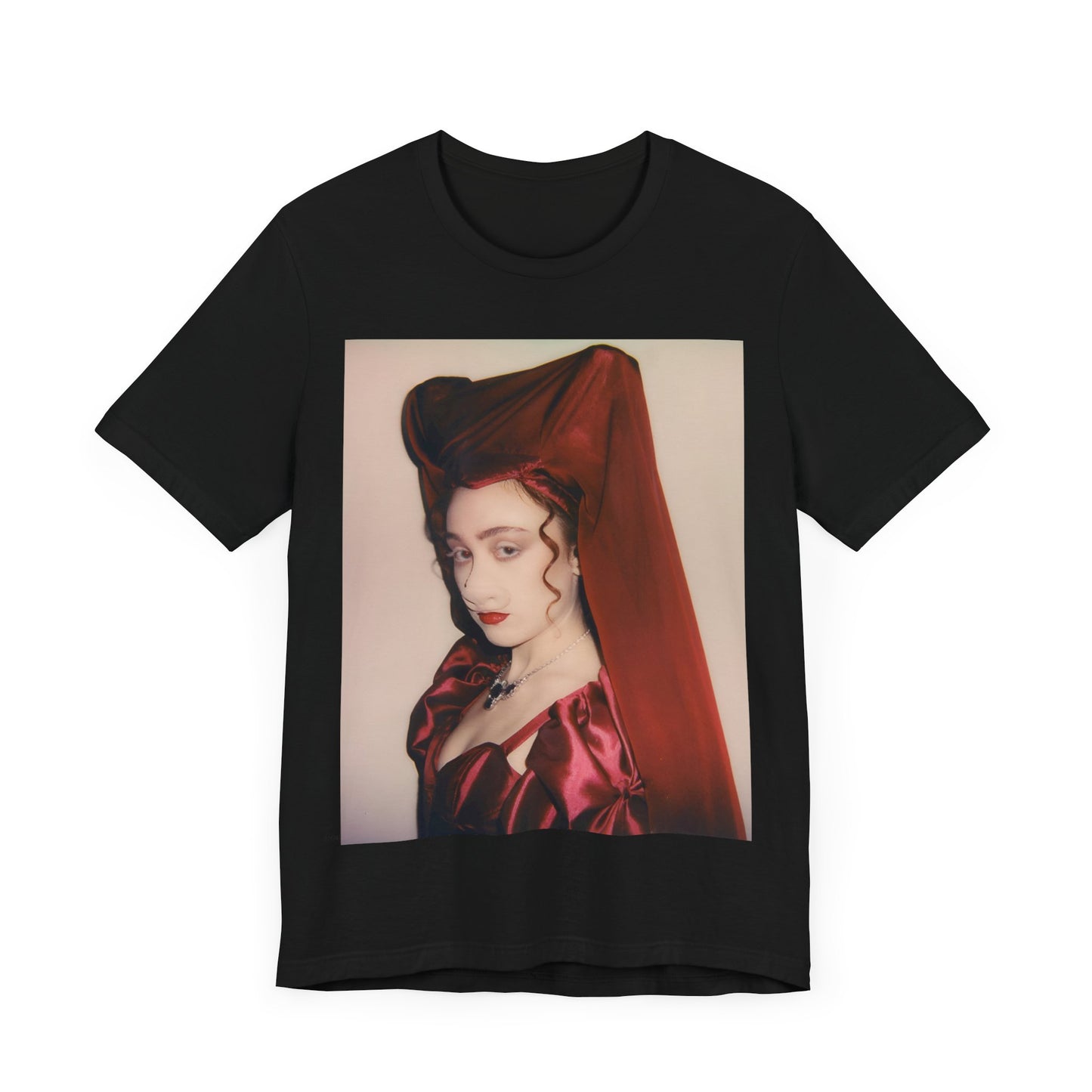 A black graphic t-shirt featuring a vintage-style graphic of Chappell Roan as a pop star.