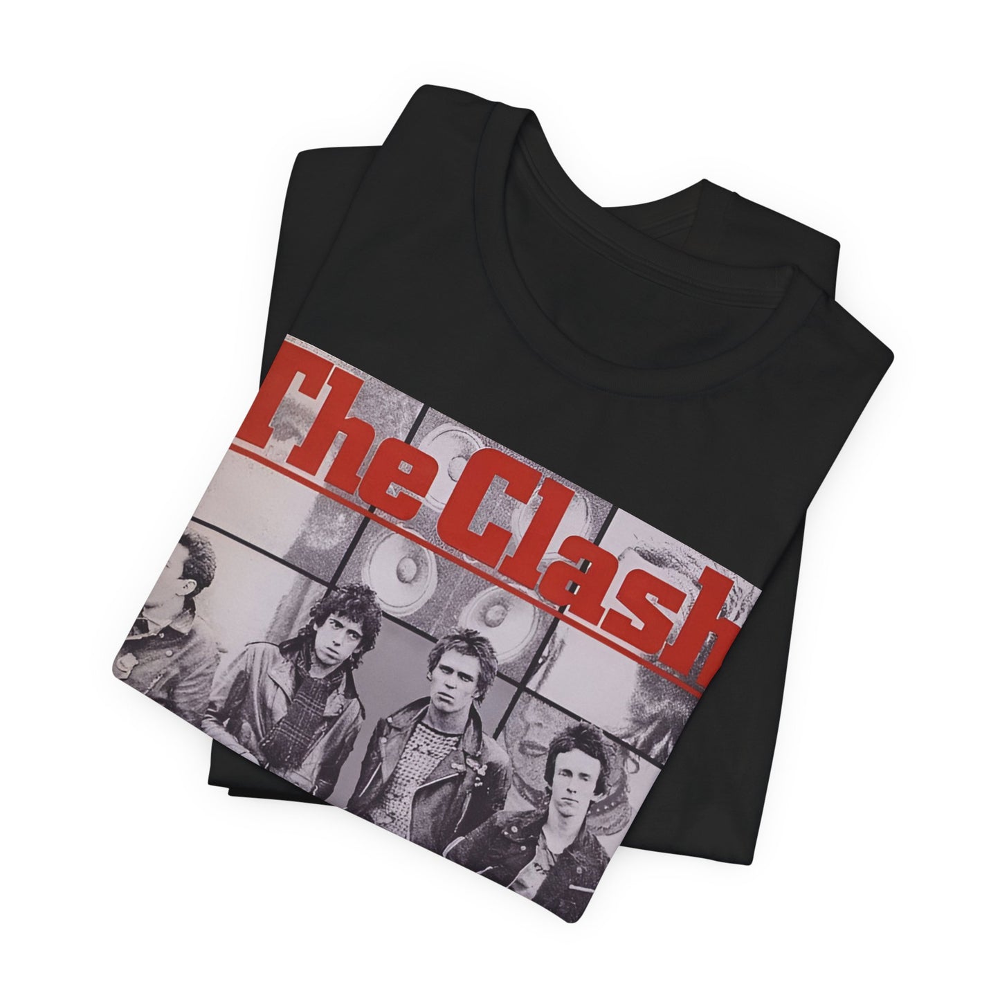 A black graphic t-shirt featuring a 70s retro punk superstar graphic of The Clash.