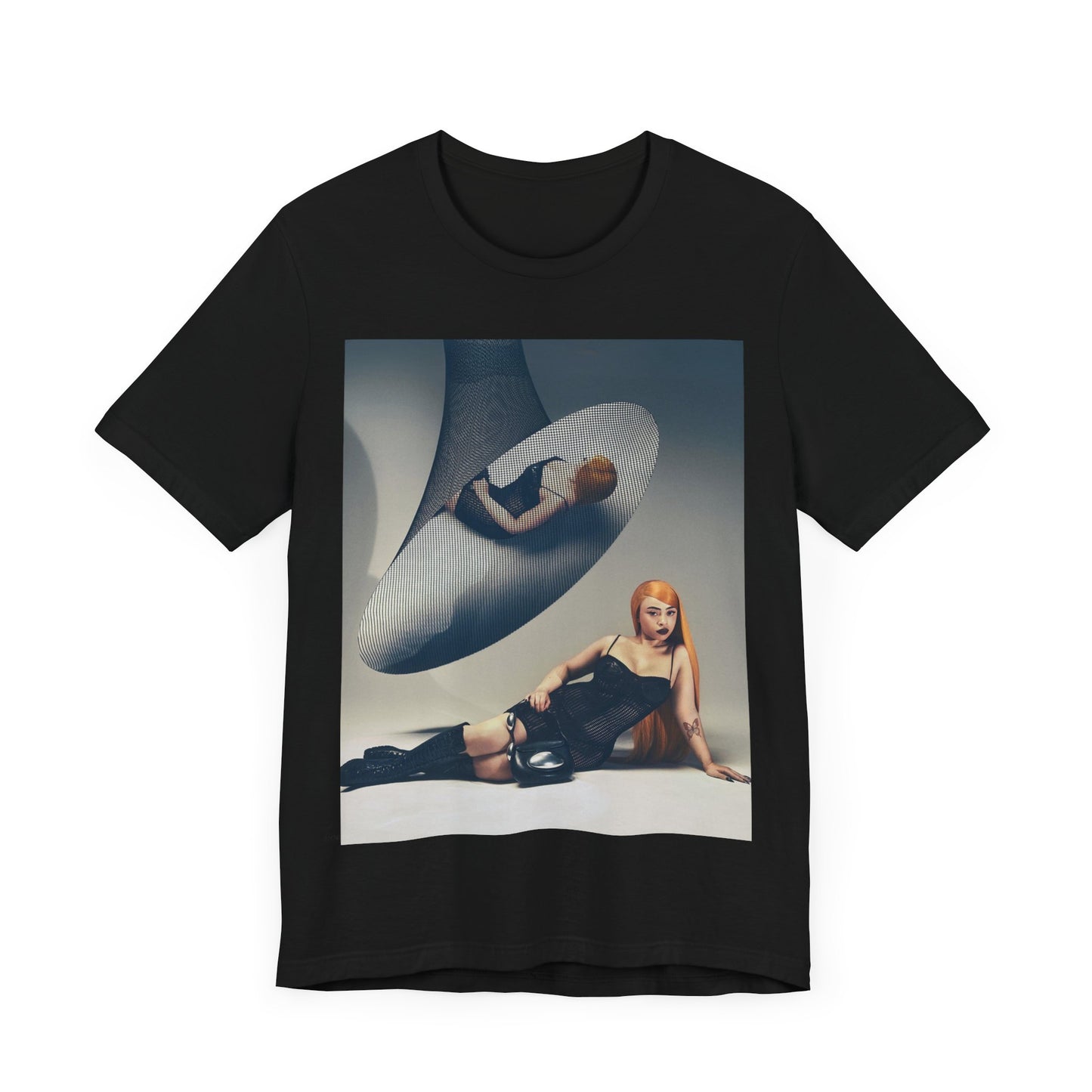 A black graphic t-shirt featuring a laid-back graphic of Ice Spice as a viral rap star.