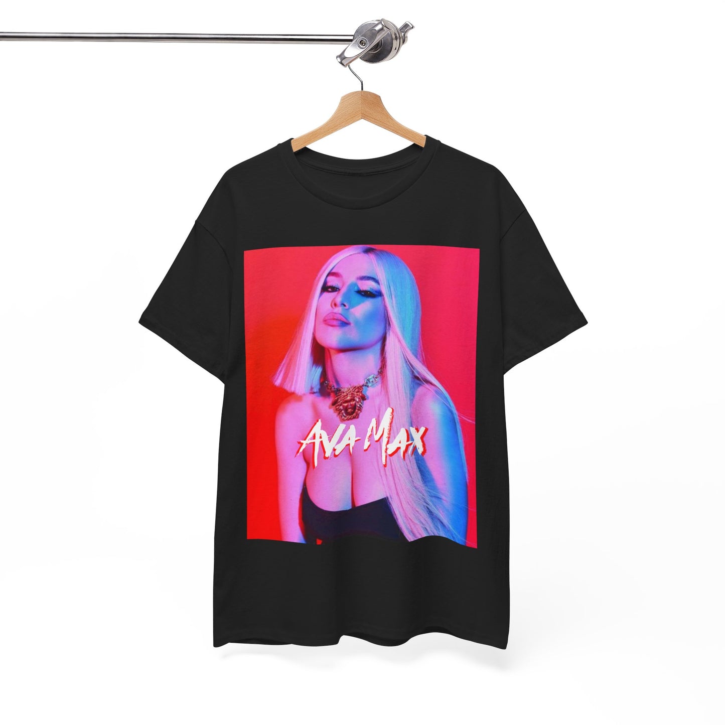 A black graphic t-shirt featuring a colorful pop art style graphic of Ava Max, with bright hues and bold lines.
